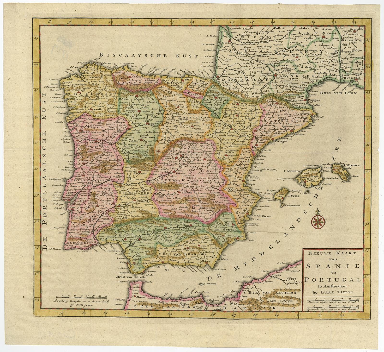 Antique map titled 'Nieuwe Kaart van Spanje en Portugal.' 

Attractive detailed map showing Spain and Portugal. Including Majorca, Minorca and Ibiza. Title in block-style cartouche with a simple compass rose. Source unknown, to be