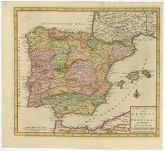 Attractive Engraved Old Map Showing Spain, Portugal Majorca, Ibiza etc. ca.1760