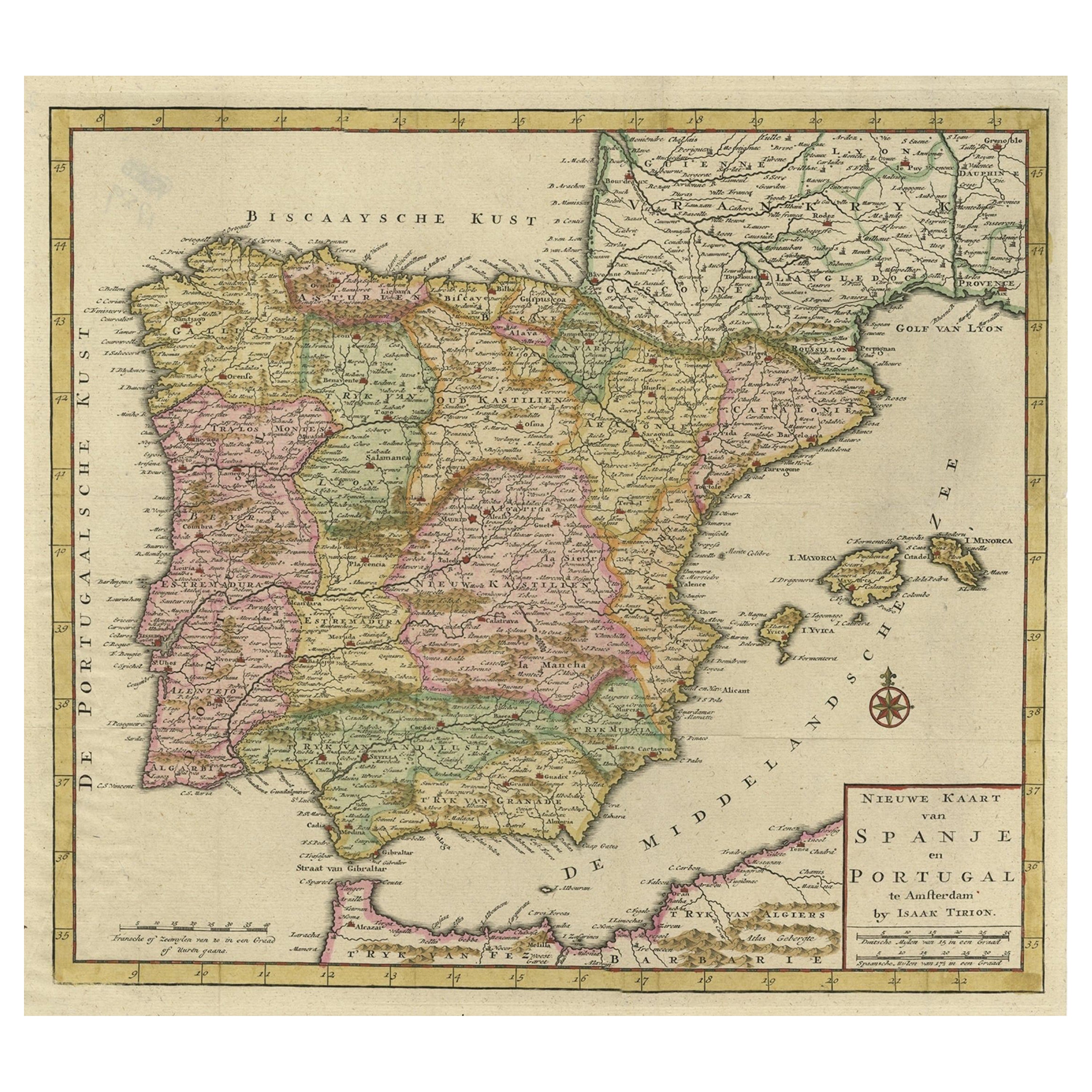 Attraente mappa antica incisa che mostra la Spagna, il Portogallo, Maiorca, Ibiza ecc. 1760 ca.