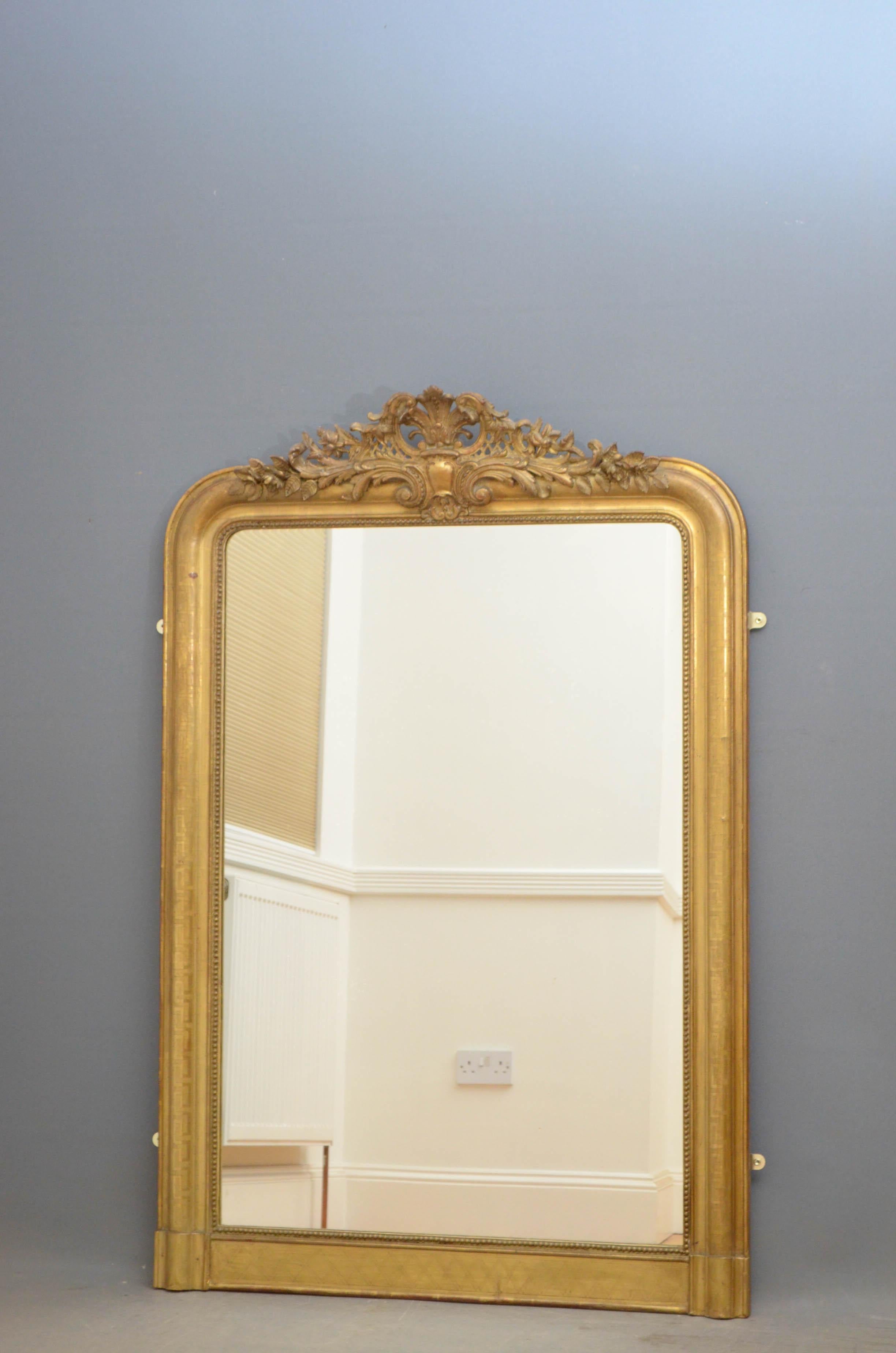 Sn4804 Elegant French overmantel mirror, having original glass with some foxing in moulded and Greek Key decorated frame with floral crest to centre This attractive wall mirror retains its original glass, gilt and backboard, all in wonderful