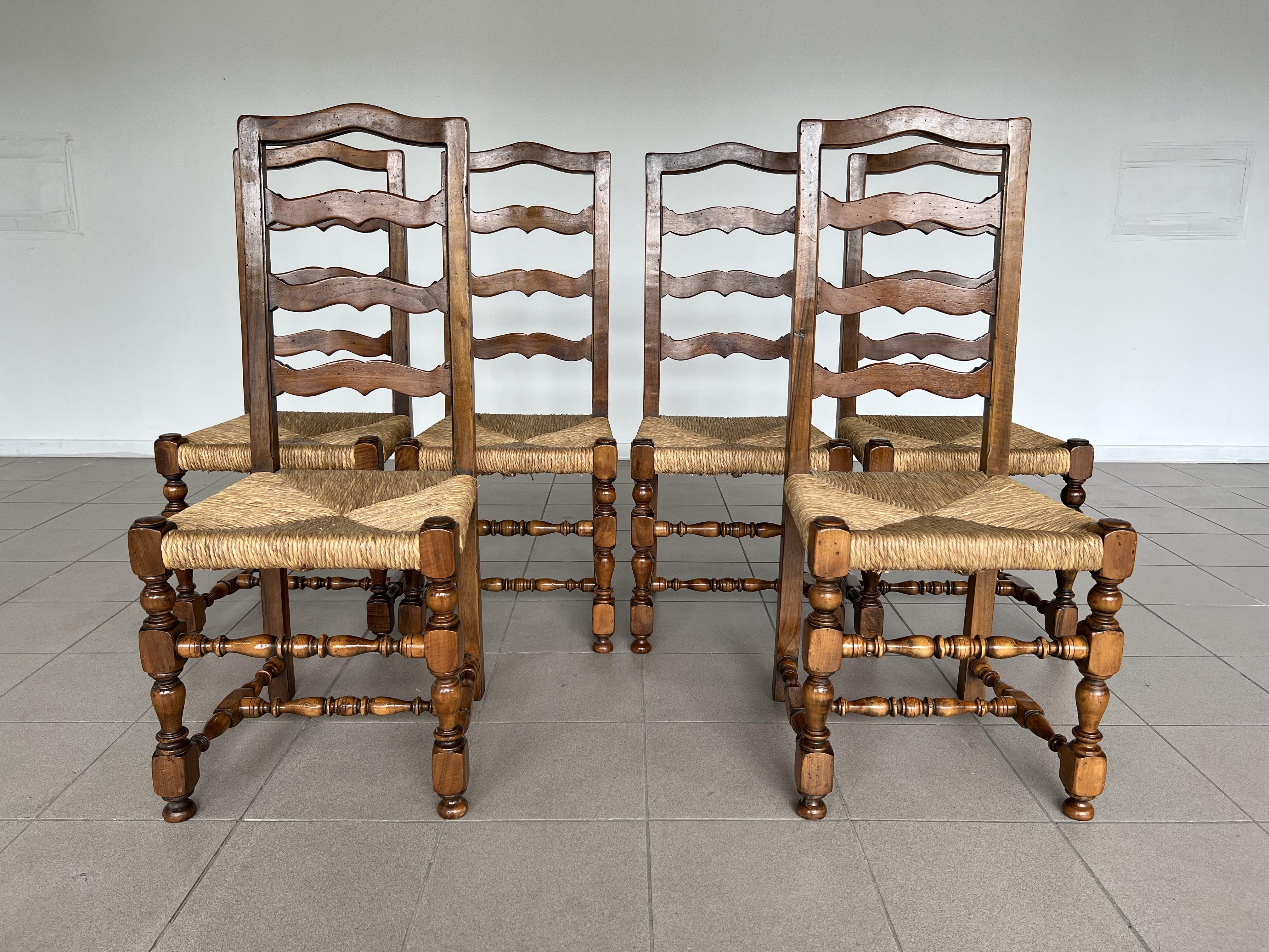 20th Century Attractive French Ladder Back Dining Chairs With Rush Woven Seats - Set of 6