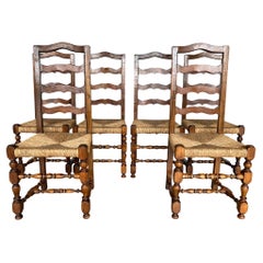 Attractive French Ladder Back Dining Chairs With Rush Woven Seats - Set of 6