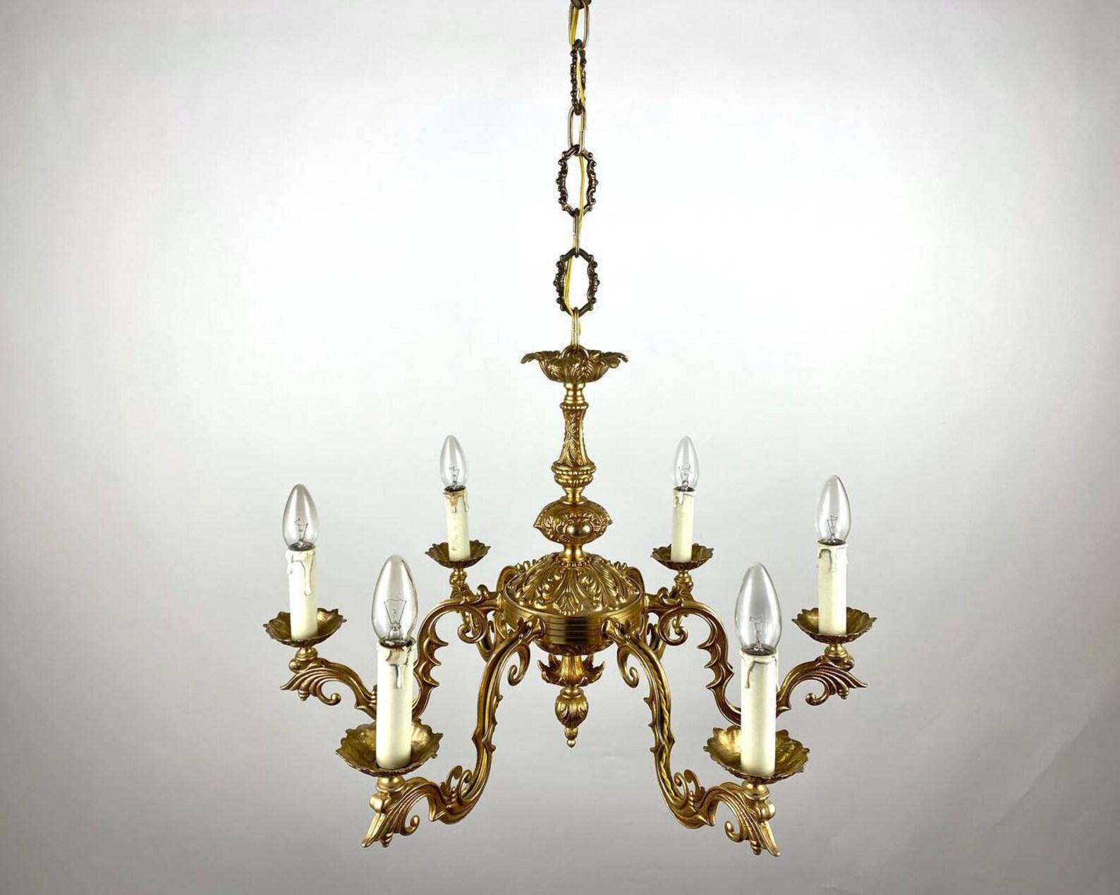 Mid-Century Modern Attractive Gilt Brass Chandelier  6-Arm French Ceiling Lamp, 1960s For Sale