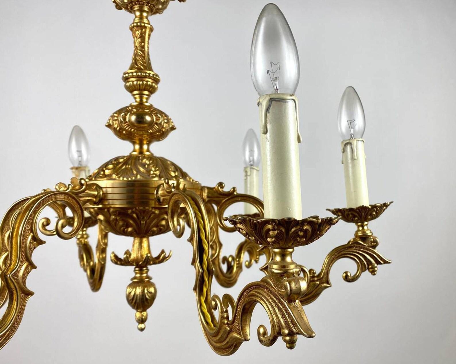 Attractive Gilt Brass Chandelier  6-Arm French Ceiling Lamp, 1960s For Sale 2