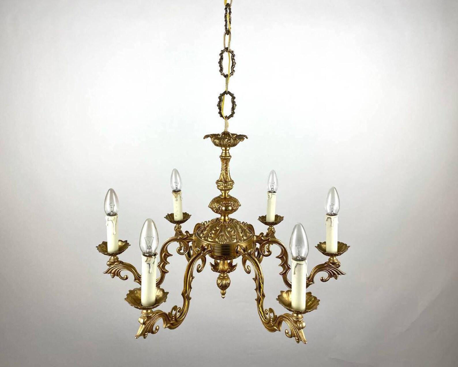 Attractive Gilt Brass Chandelier  6-Arm French Ceiling Lamp, 1960s For Sale 4