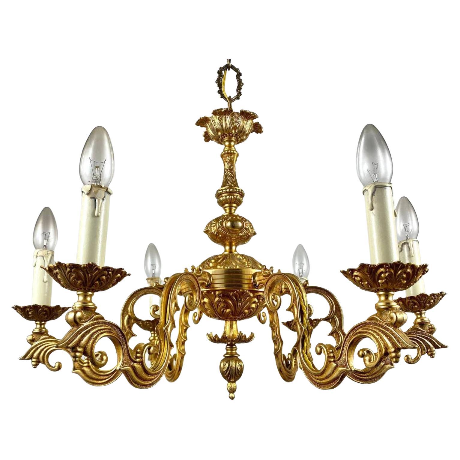 Attractive Gilt Brass Chandelier  6-Arm French Ceiling Lamp, 1960s