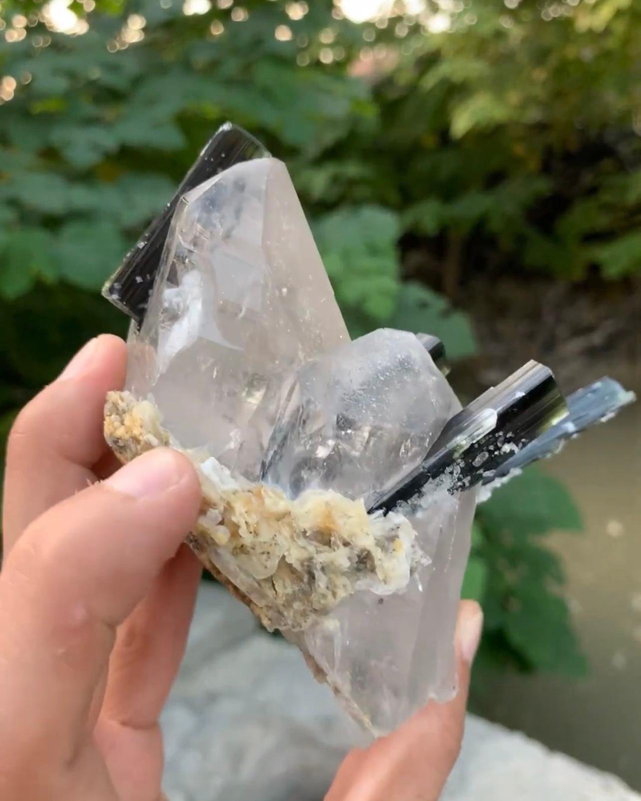 Modern Attractive Green Cap Tourmaline Crystals On Clear Quartz From Pakistan For Sale