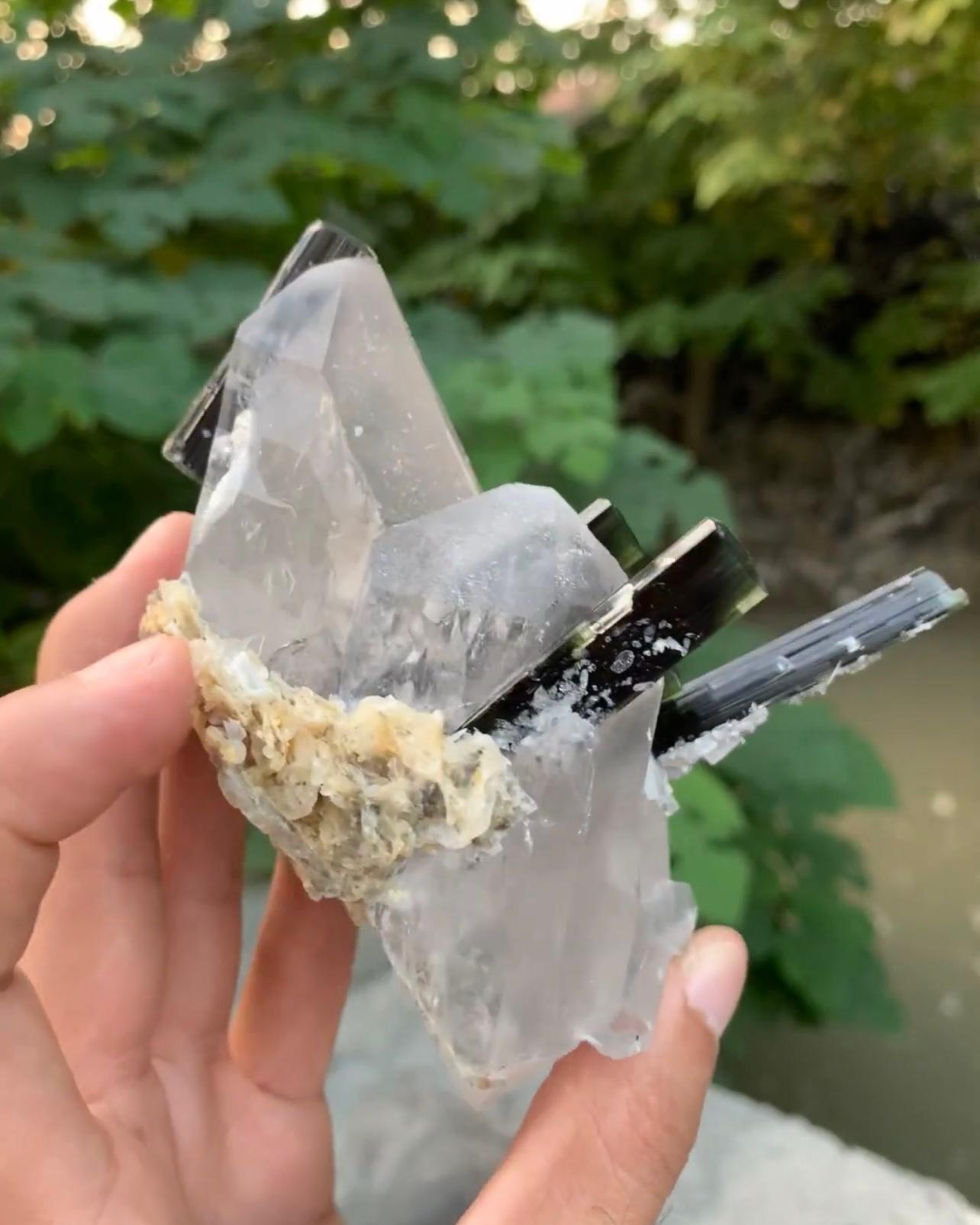 Pakistani Attractive Green Cap Tourmaline Crystals On Clear Quartz From Pakistan For Sale
