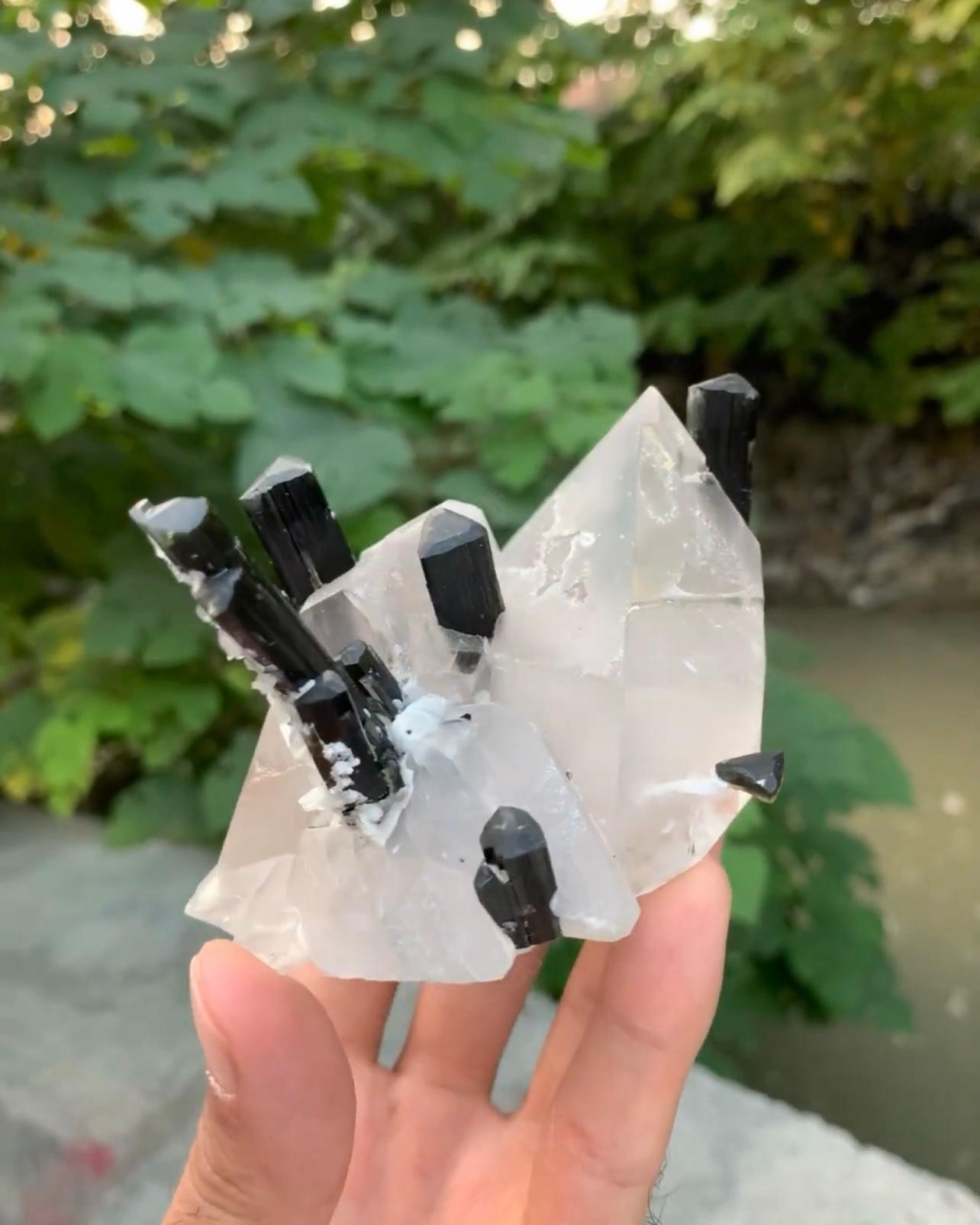 Contemporary Attractive Green Cap Tourmaline Crystals On Clear Quartz From Pakistan For Sale
