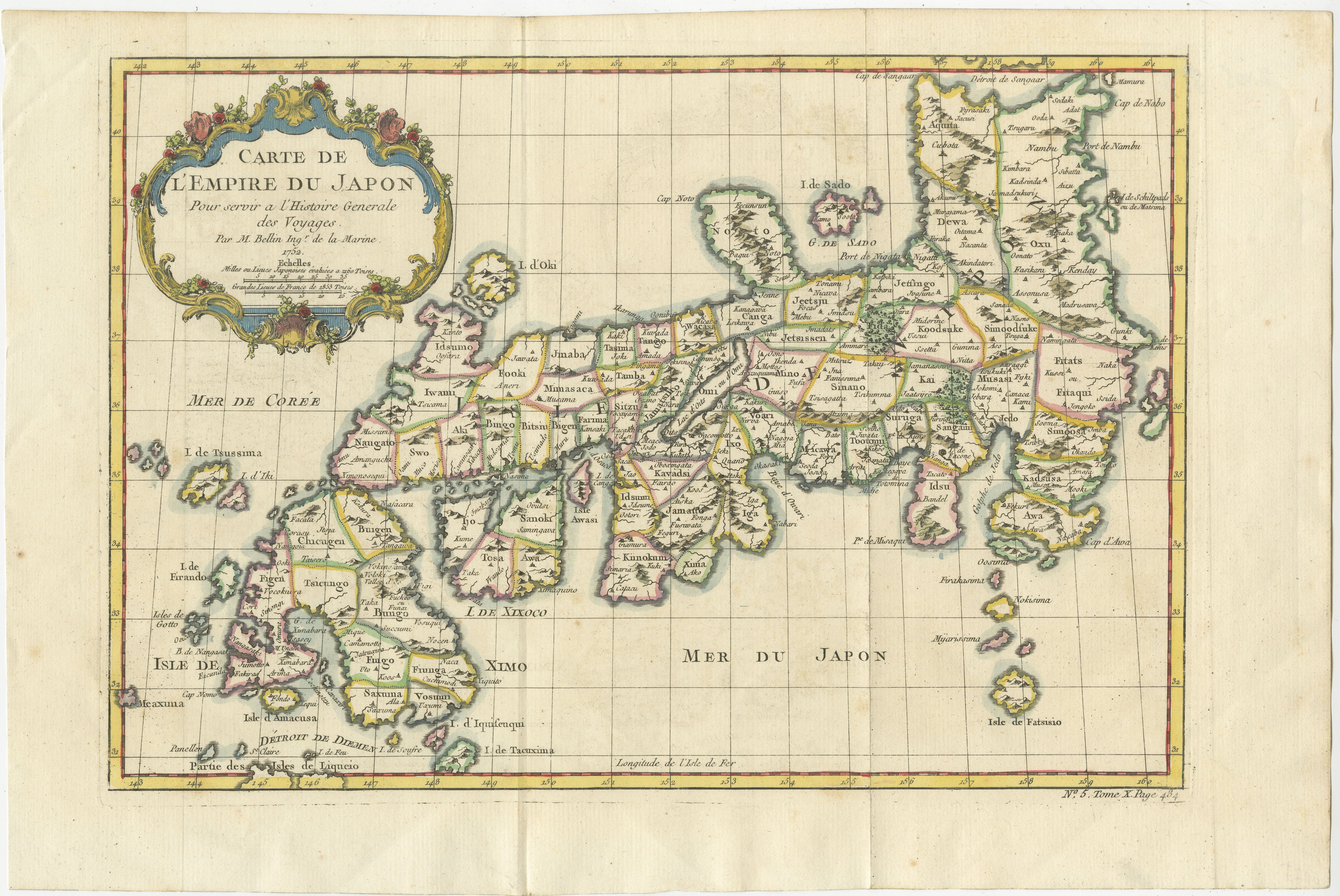 Nice decorative hand tinted map of Japan with the title (in French): Carte de L'Empire du Japon Bellin, 1752

This antique map is engraved with very attractive title cartouche.

The map shows the old names of the islands included, towns,