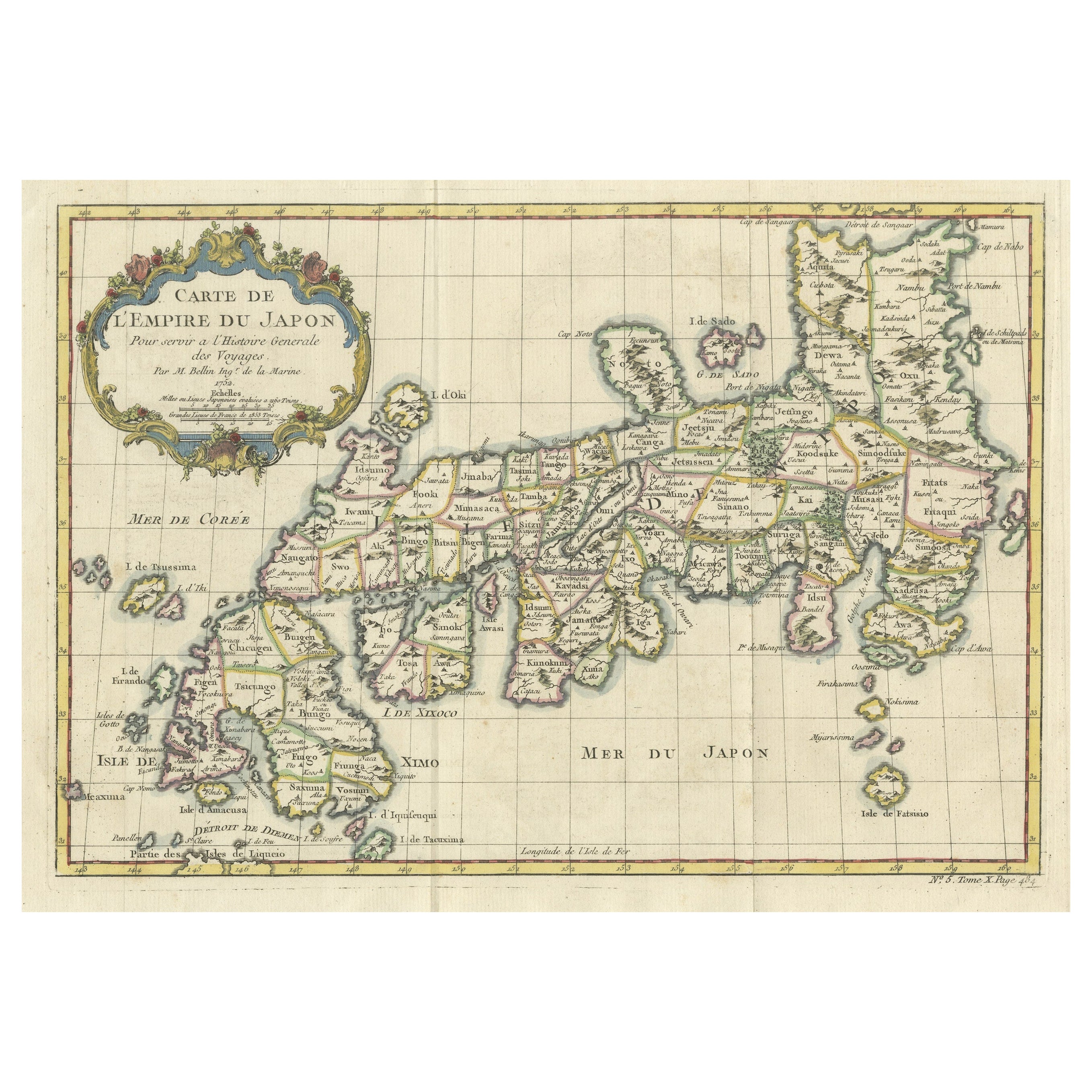 Attraente mappa antica del Giappone colorata a mano, pubblicata nel 1752