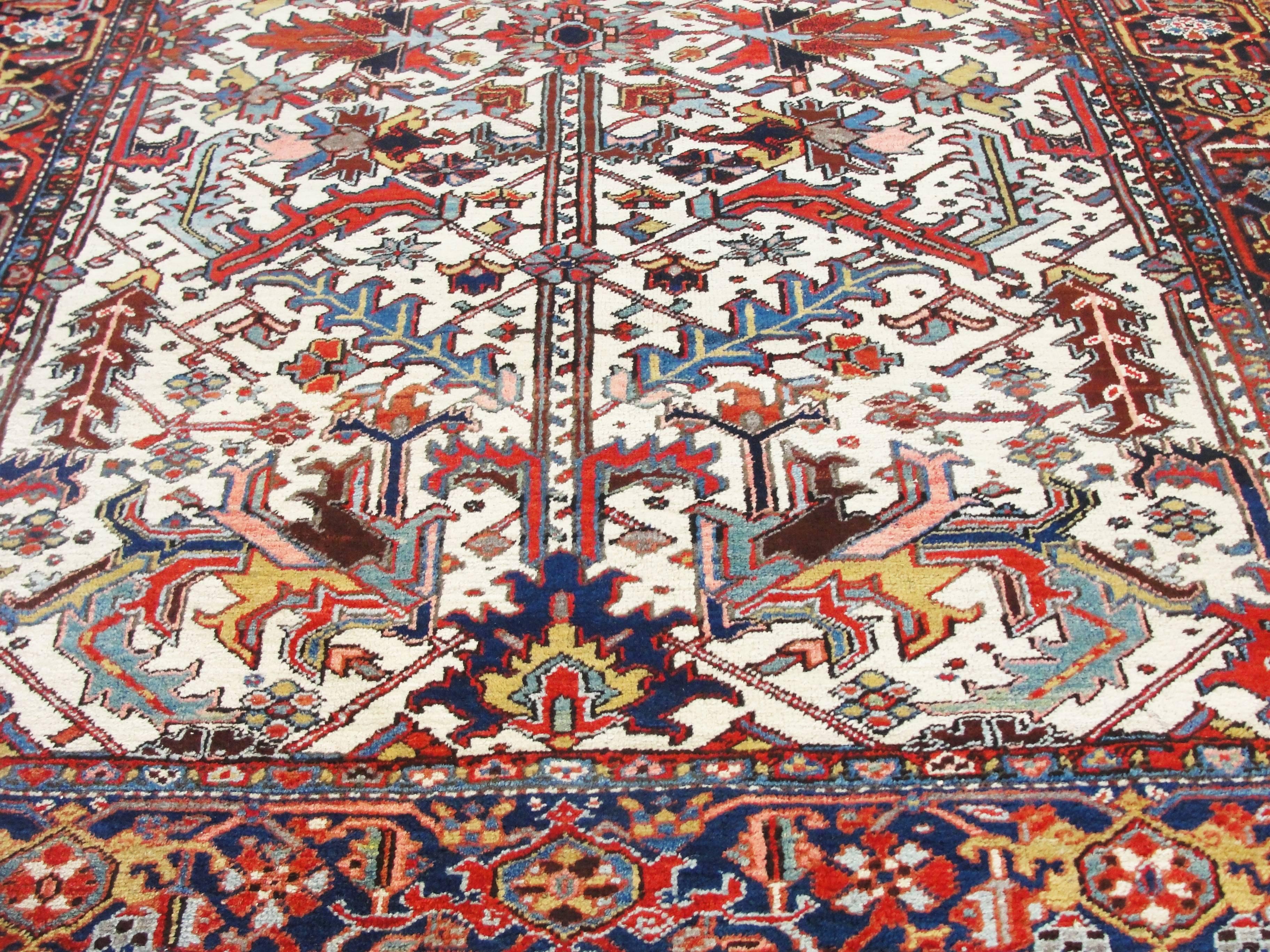 Wool Antique Ivory Persian Tree of Life Heriz Carpet, 7'3
