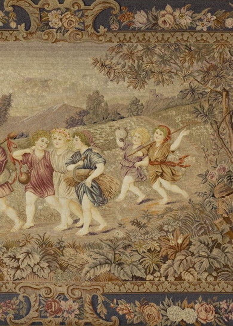 Depicts a fanciful scene of children returning form the harvest in an idyllic rural landscape. The leaders are playing pipes with a dog frisking at their feet, while the remaining party carry gourd flasks, a wheat sheaf, a scythe and a rake.
The