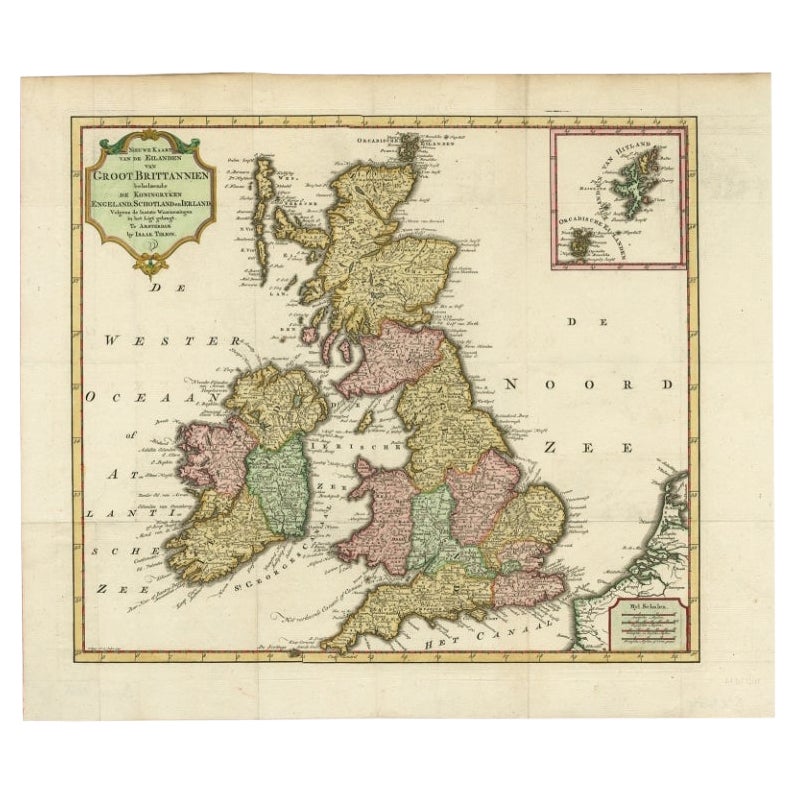 Attraente mappa antica della Gran Bretagna e dell'Irlanda, 1750 ca.