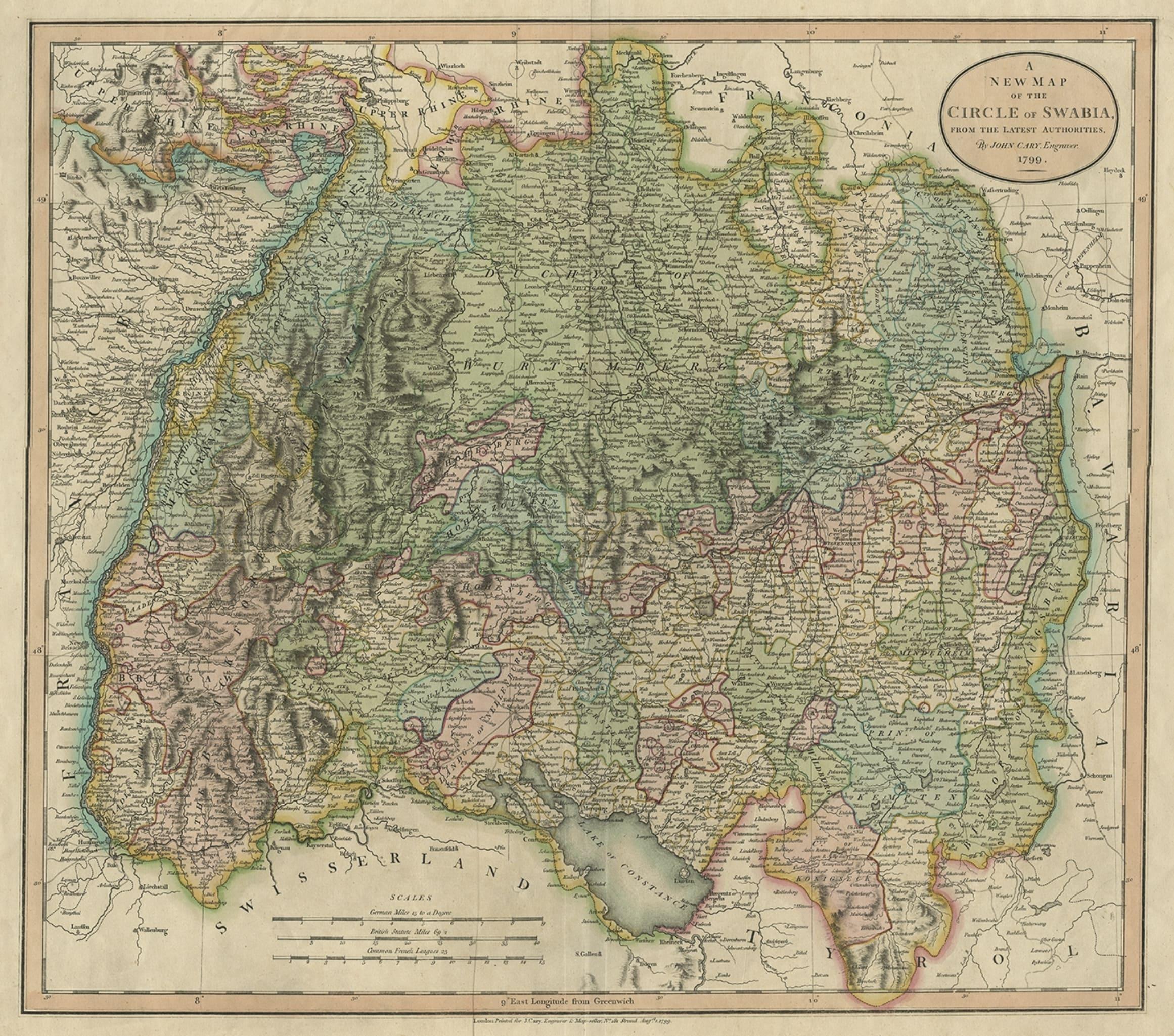 Attraktiver Original-Handkolorierte Karte der Region Swabia in Deutschland, 1799 im Zustand „Gut“ im Angebot in Langweer, NL