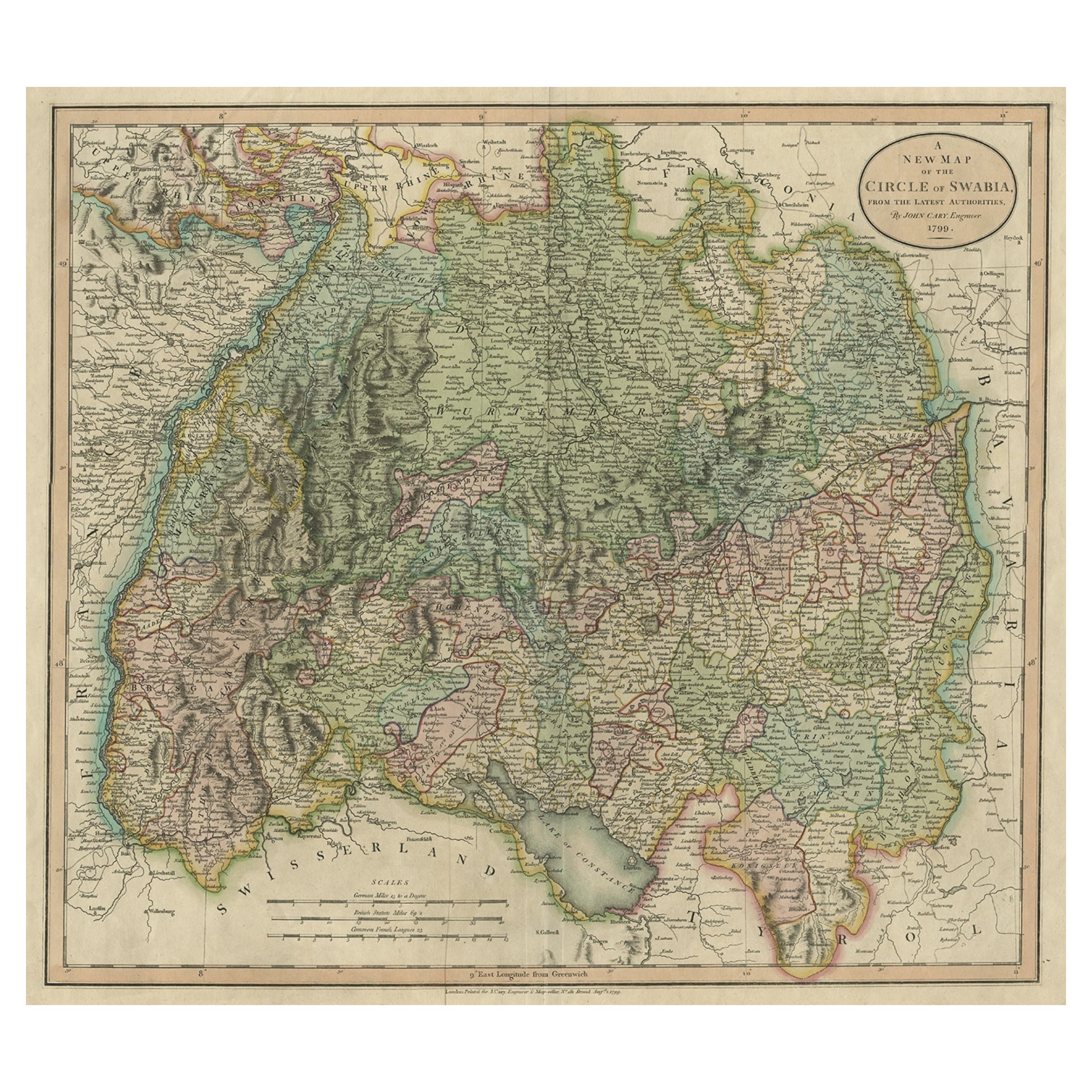 Atractivo mapa original coloreado a mano de la región alemana de Suabia, 1799 en venta