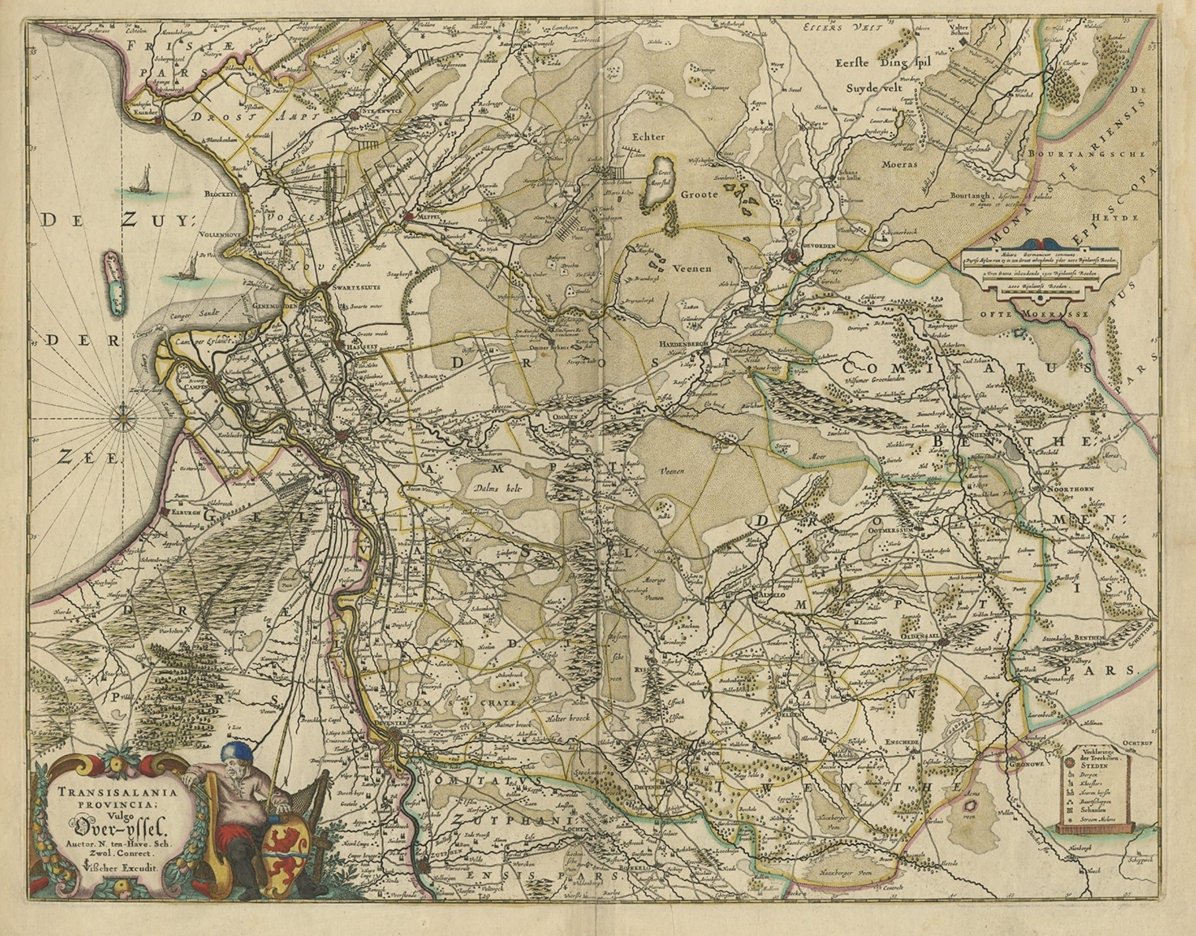 Antique print, titled: 'Transisalania Provincia vulgo Over-yssel.' 

Attractive original handcoloured map of the province of Overijssel, The Netherlands. With beautiful title cartouche, compass rose and key. Originally published by C.J. Visscher