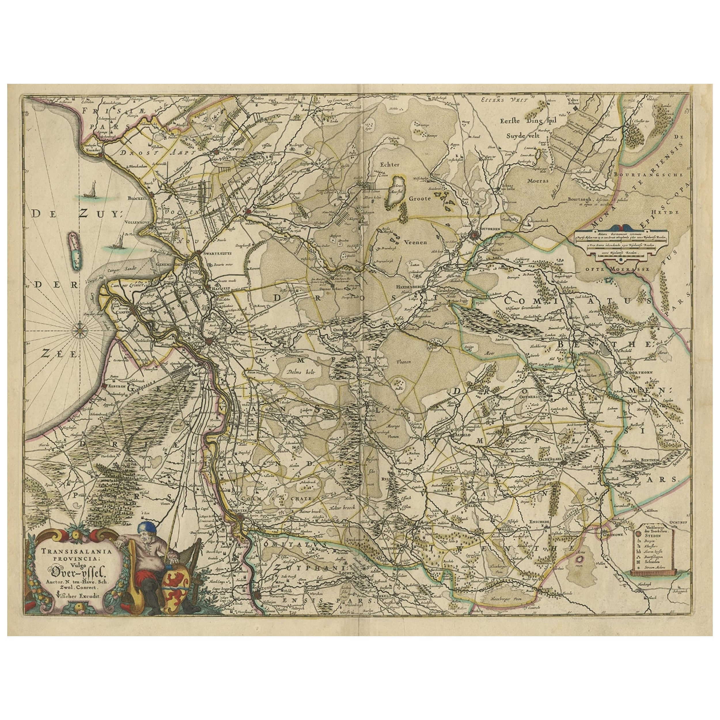 Jolie carte originale de la province d'Overijssel, Pays-Bas, vers 1700