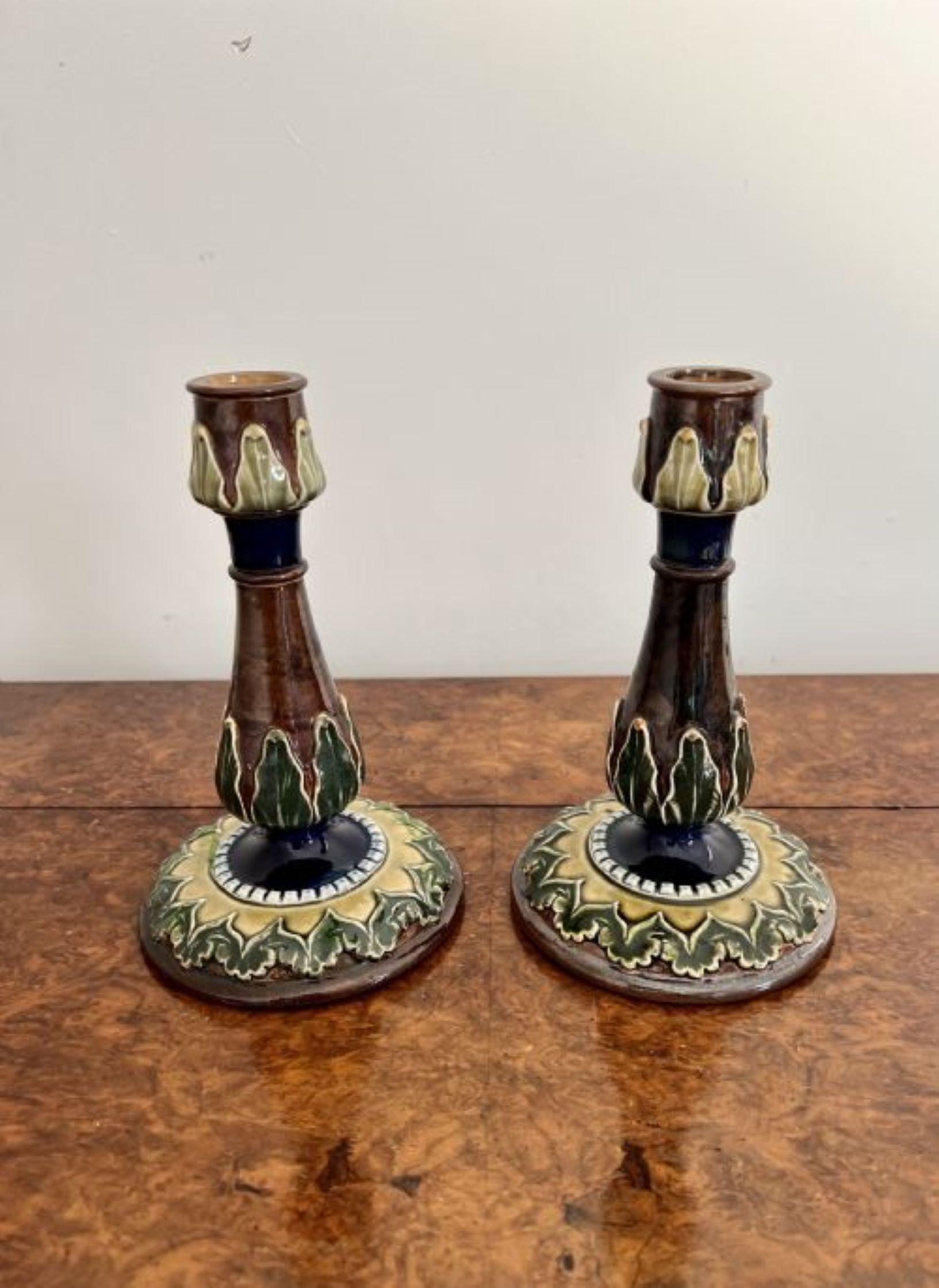 20th Century Attractive pair of antique Royal Doulton candlesticks For Sale