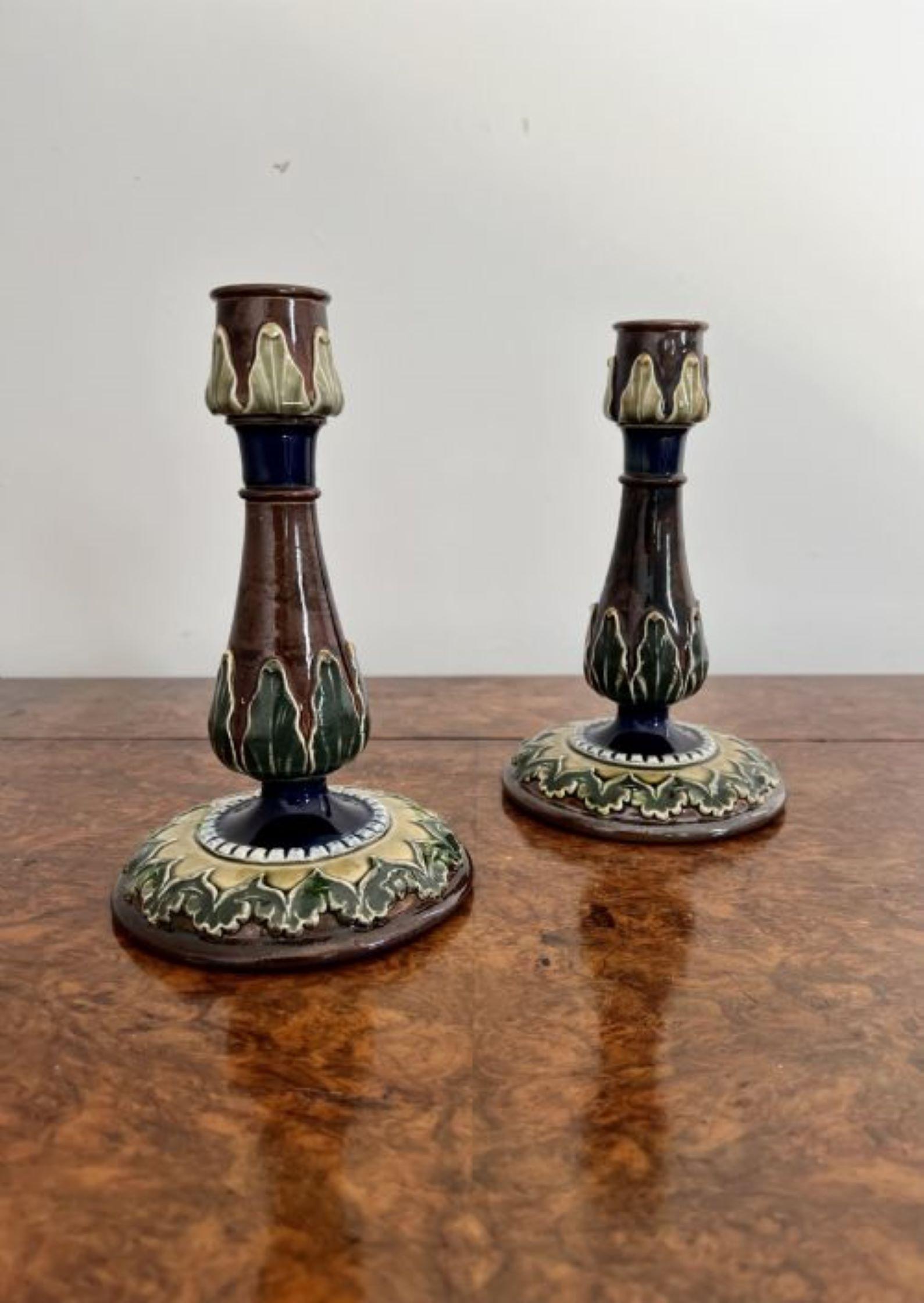 Ceramic Attractive pair of antique Royal Doulton candlesticks  For Sale