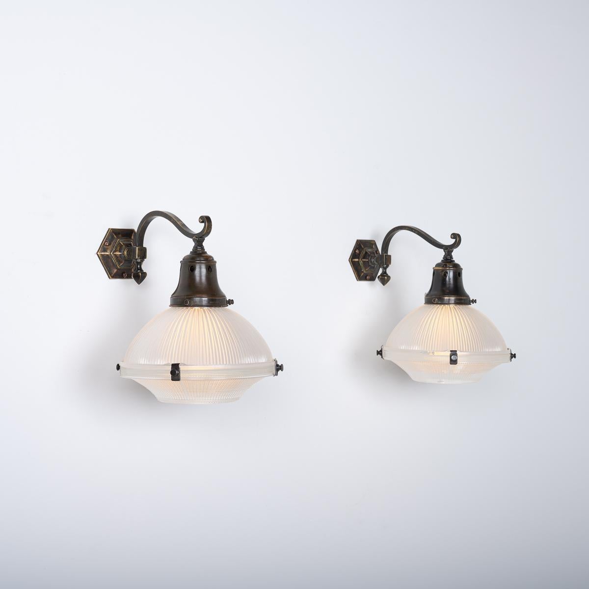 Hand-Crafted Attractive Pair of Holophane Wall Scones on Aged Brass Brackets For Sale