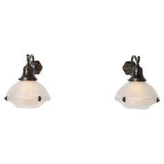 Attractive Pair of Holophane Wall Scones on Aged Brass Brackets