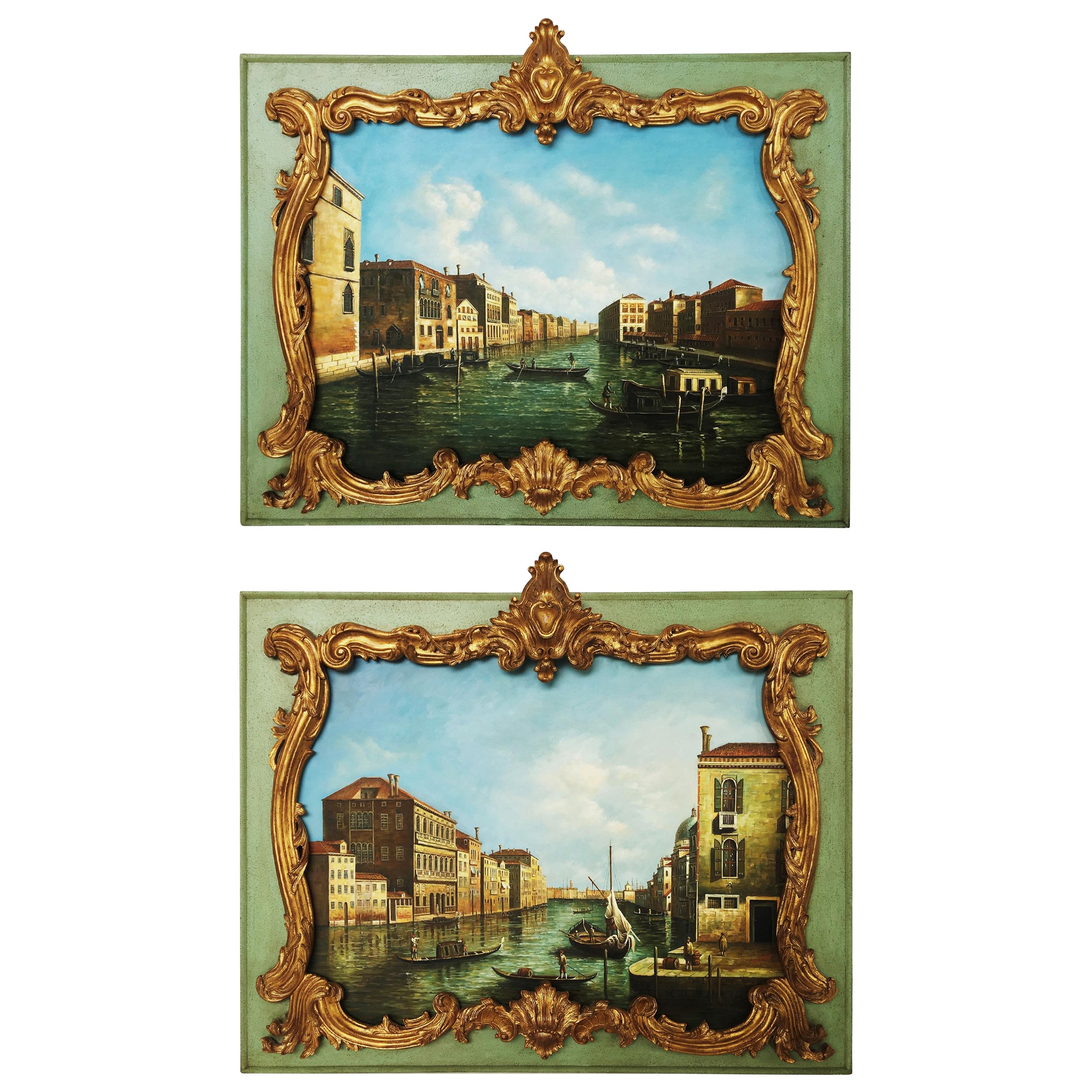 Attractive Pair of Large Oil Painted & Framed Overdoors/Paintings, Italy