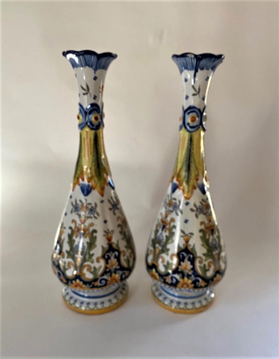 Hand-Painted Attractive Pair of Old Faience Tall Vases from England, circa 1880 For Sale