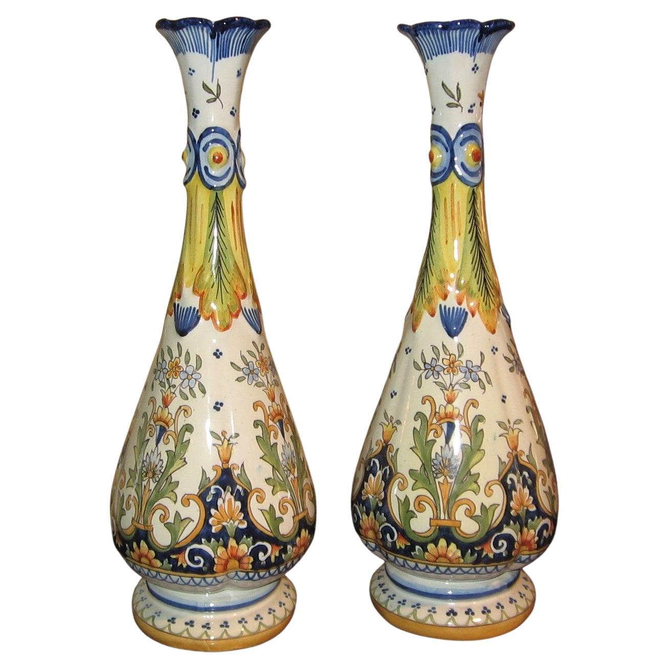 Attractive Pair of Old Faience Tall Vases from England, circa 1880 For Sale