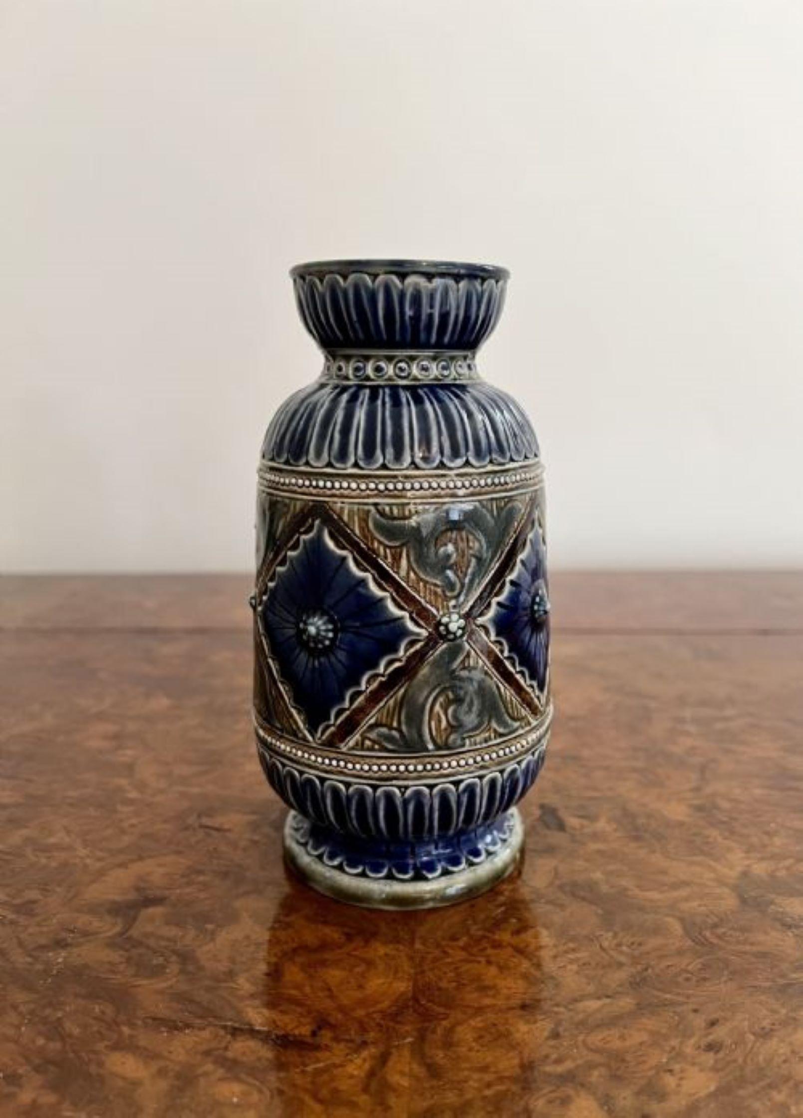 Attractive pair of quality antique Victorian Doulton Lambeth vases having a attractive pair of antique Victorian Doulton Lambeth stone ware vases, decorated with geometric incised decoration in fantastic green, blue and brown colours, standing on