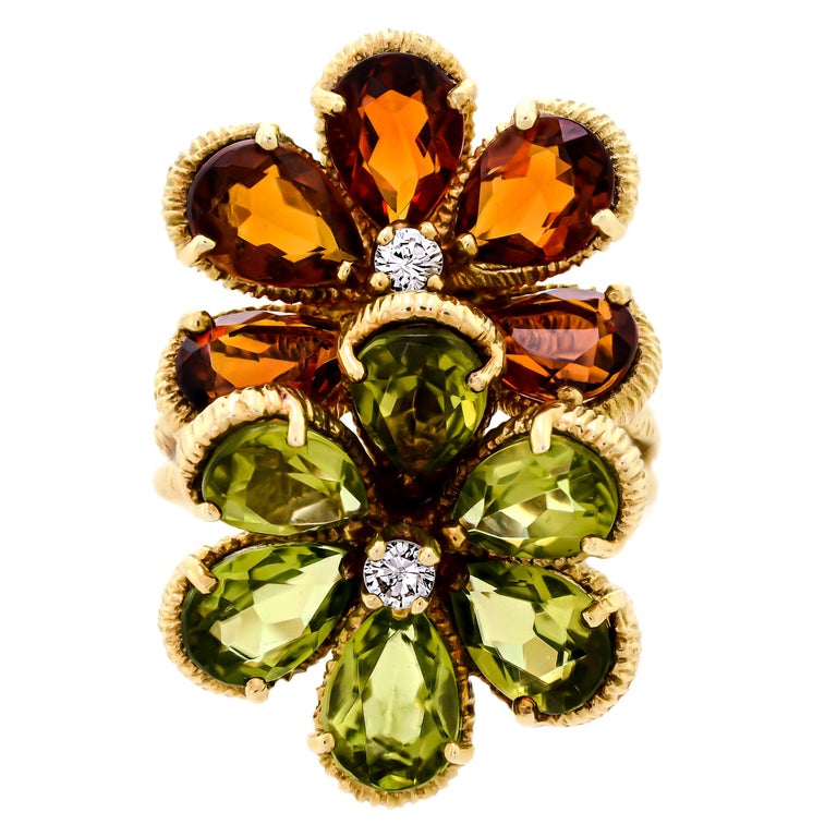 Attractive Peridot, Citrine and Diamond Flower Women's Ring For Sale at ...