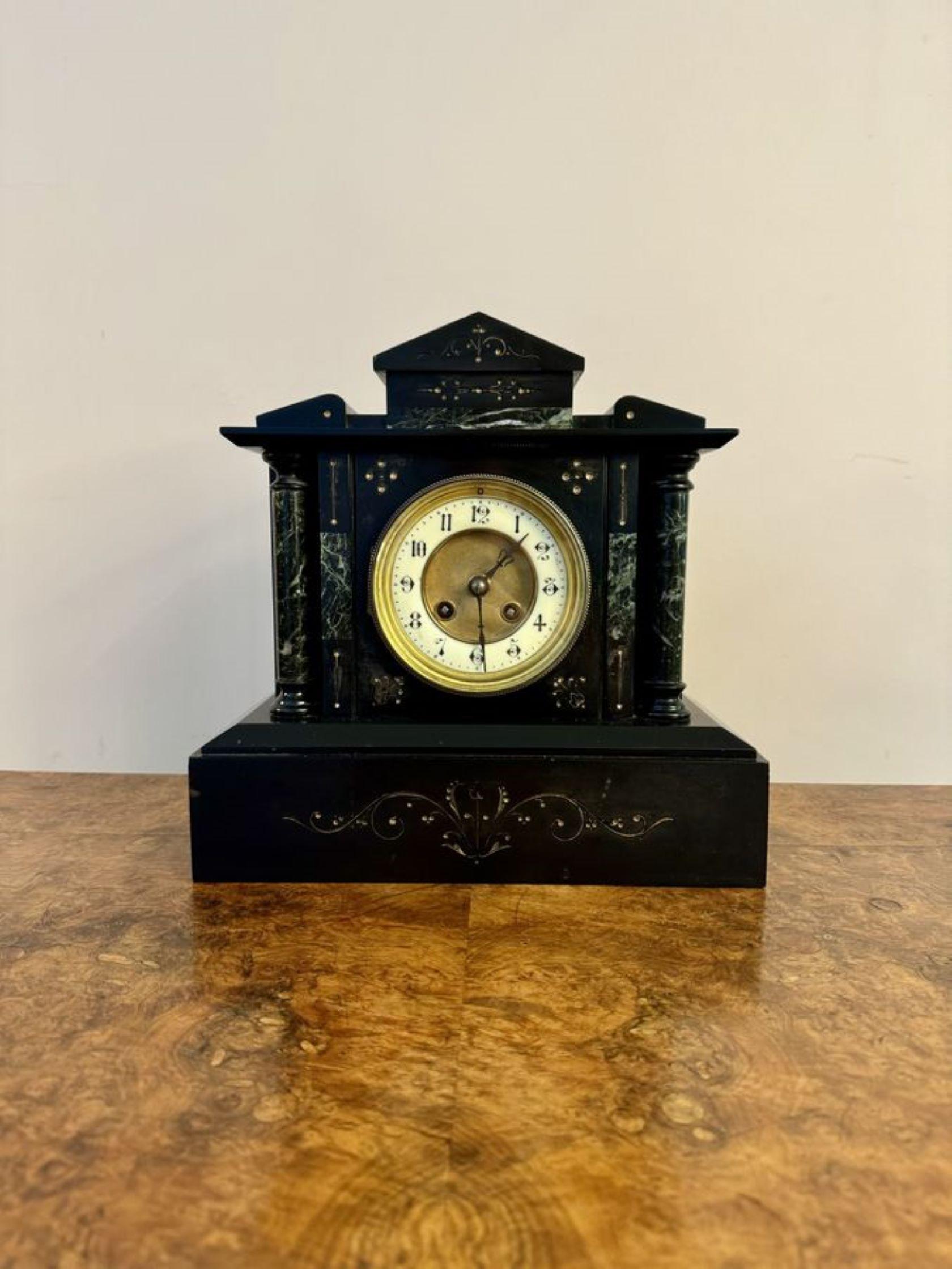 Attractive quality antique Victorian eight day mantle clock having a quality black slate and green marble cased mantel clock with beautiful gold detailing throughout, with a brass bezel and the original hands and Arabic numerals, having an eight day