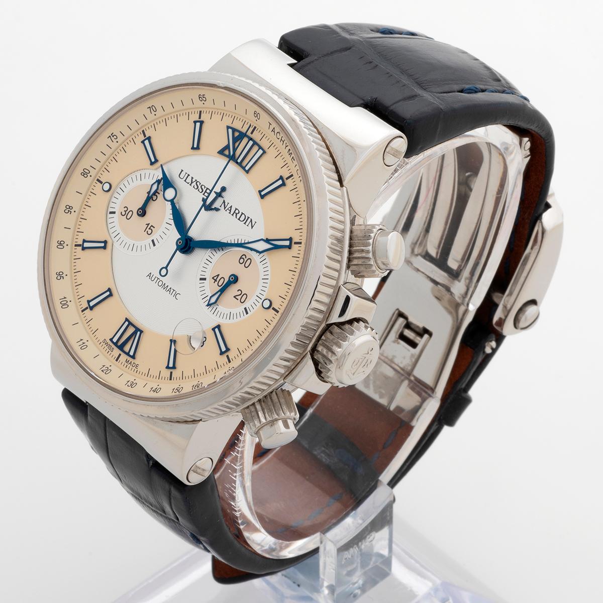 Our rare and attractive Ulysse Nardin Marine Chronograph with date 3536/314 features a 41mm stainless steel case with white and pale yellow/ champagne dial. Powered by an automatic movement which is visible through the exhibition caseback. This