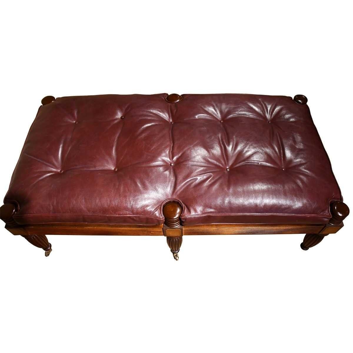 Brass Attractive Regency Style Mahogany Bench with Button Tufted Leather Squab