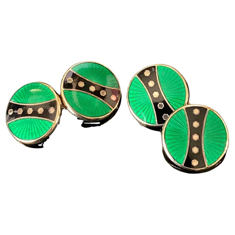 Boutons De Manchette Vintage Limoges - Émail Vert Sur Paillon D'argent, Dorés, Occasion Bon état