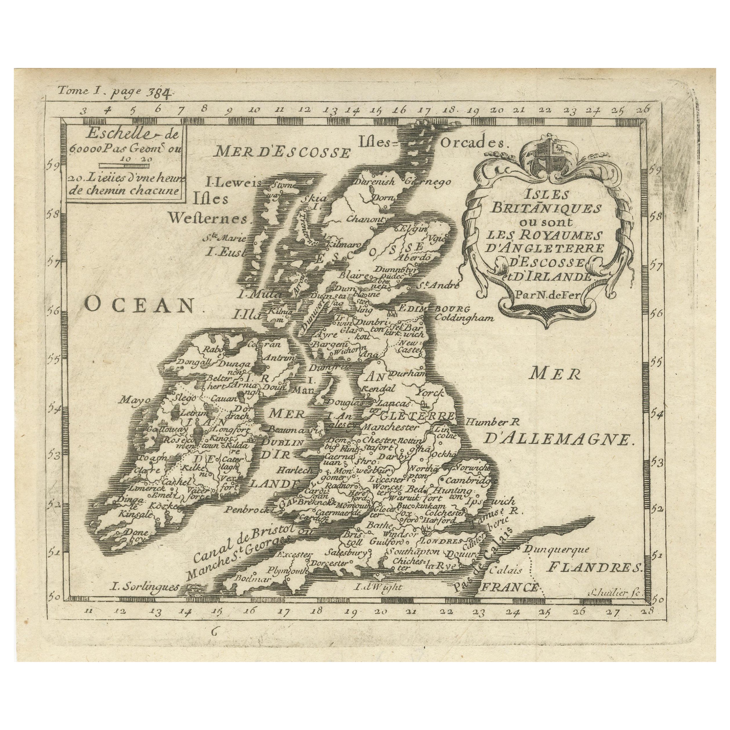 Jolie petite carte des îles britanniques avec cartouche décoratif en vente