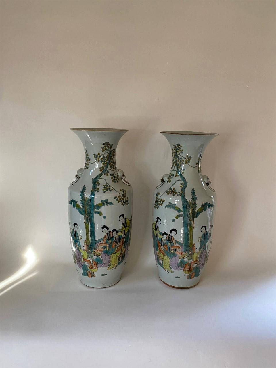Attractive Tall Hand Painted Oriental Porcelain Vases In Good Condition For Sale In North Salem, NY