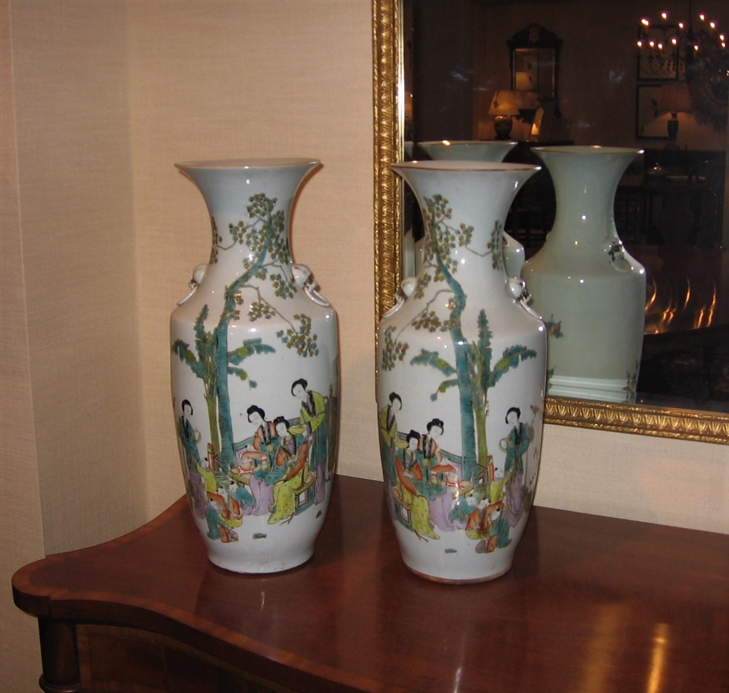 Attractive Tall Hand Painted Oriental Porcelain Vases For Sale 1