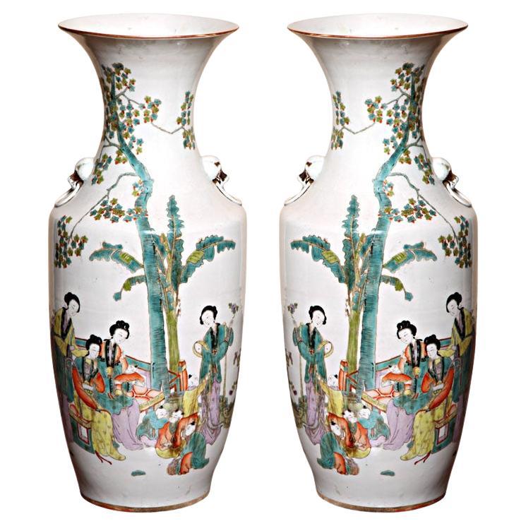 Attractive Tall Hand Painted Oriental Porcelain Vases For Sale