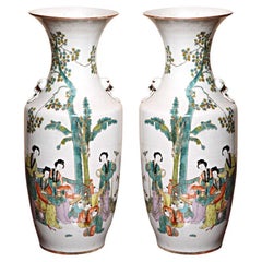 Vintage Attractive Tall Hand Painted Oriental Porcelain Vases
