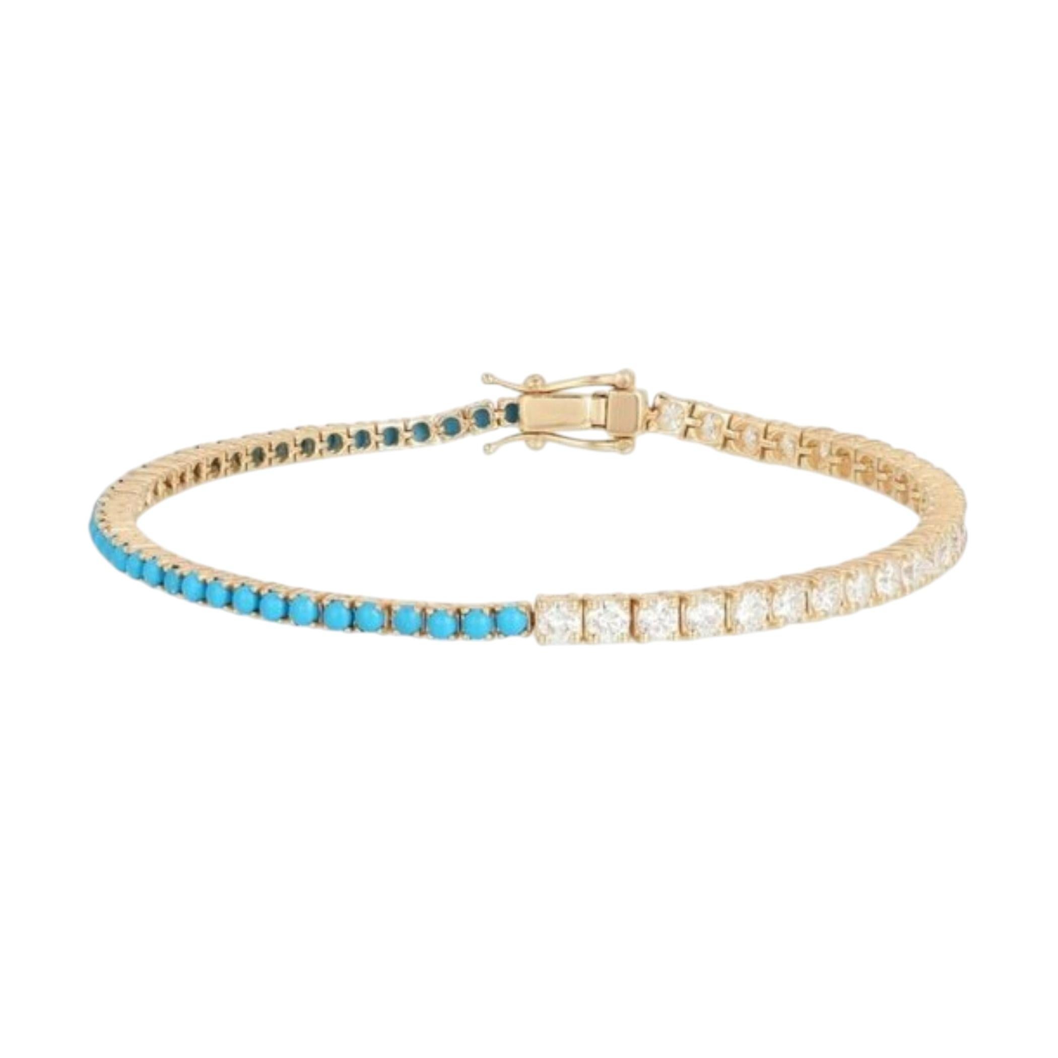 Attraktives Türkis 14K (18k auf Anfrage) Gelbgold Diamant Tennisarmband