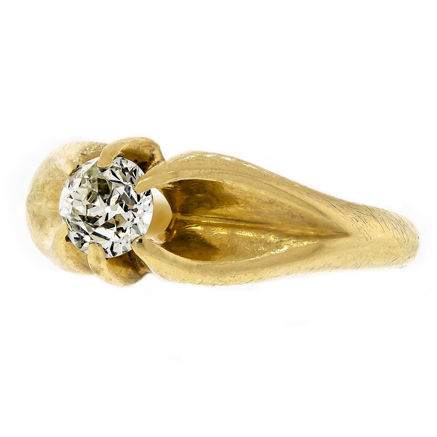 Attractive Victorian Circa 1895 14kt yellow gold and diamond ring set with one (1) Old European Cut diamond approximately 0.50ct, VS2, HIJ color, typical large culet small table and out of round diameter. Clean, bright stone. Belcher set. Great