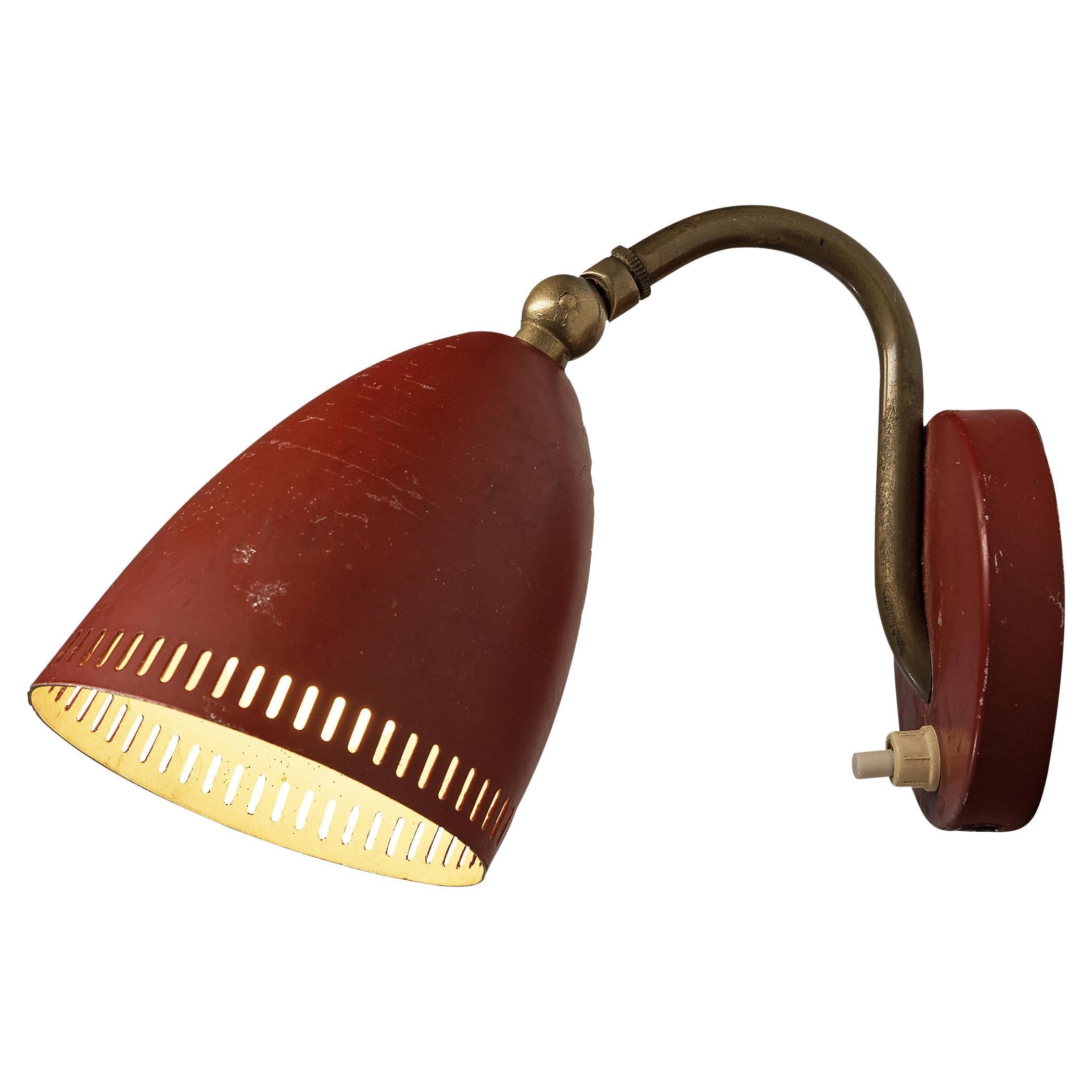 Attractive Wall Light in Red Lacquered Metal and Brass For Sale