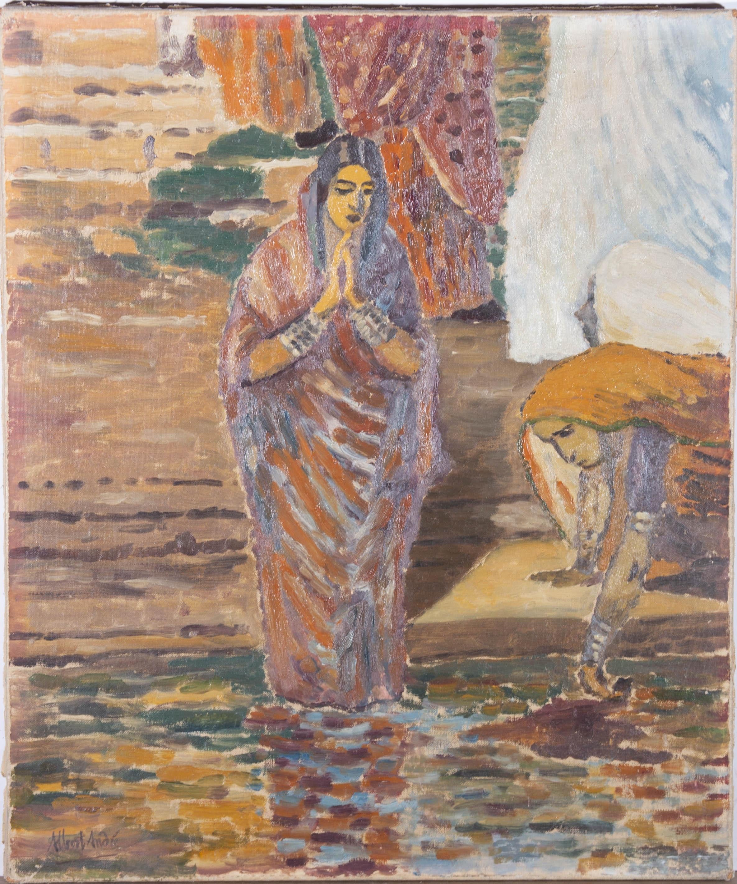 Attribué. Albert Andr (1869-1954) - 1893 Huile, Washing In The Ganges - Marron Portrait Painting par Attrib. Albert André