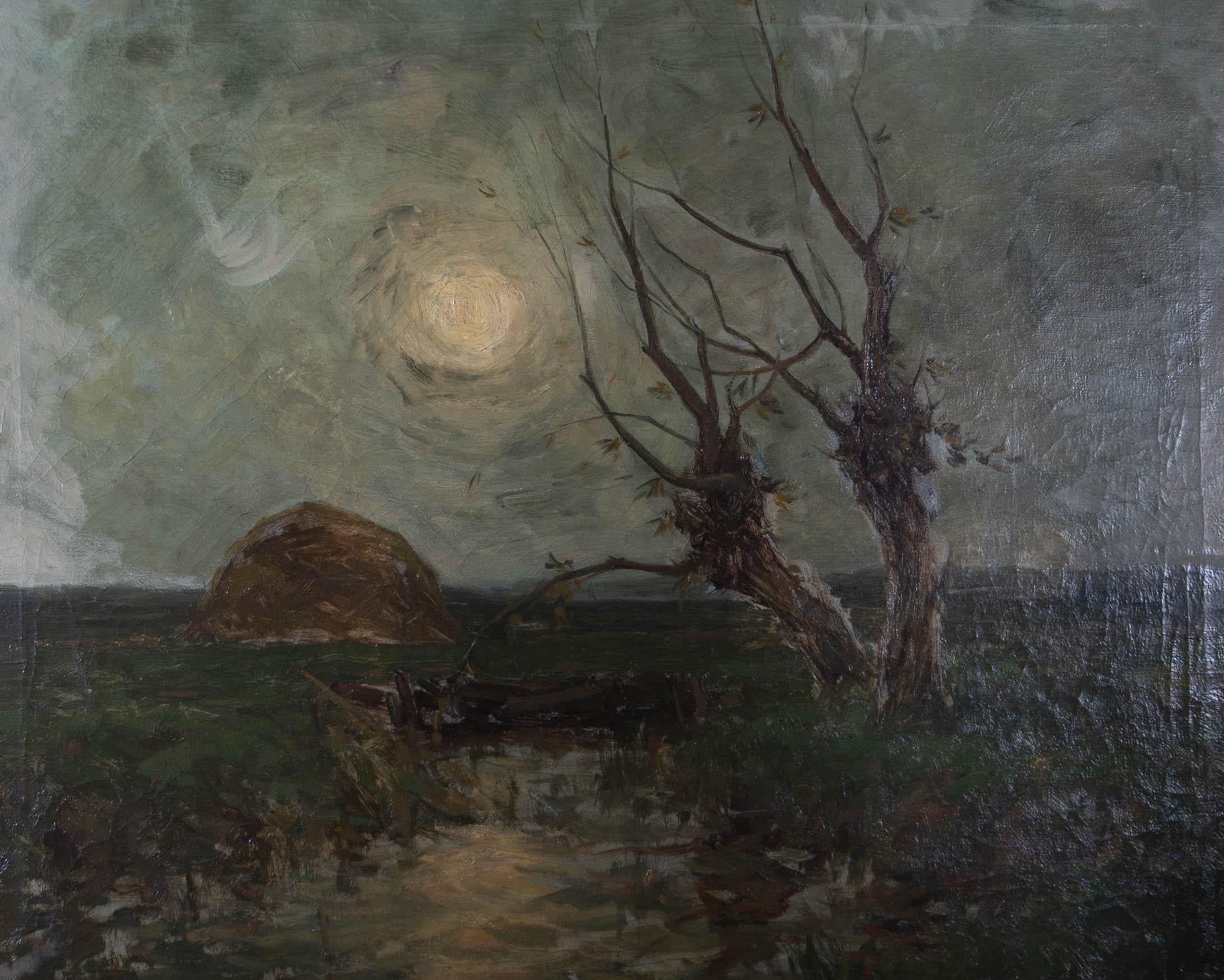 An atmospheric and haunting oil landscape showing stark trees in a moonlit field. A creek reflects the moon's glow under the grey sky. The painting is unsigned and presented in a contemporary gilt effect frame with beaded strapwork and lamb's tongue
