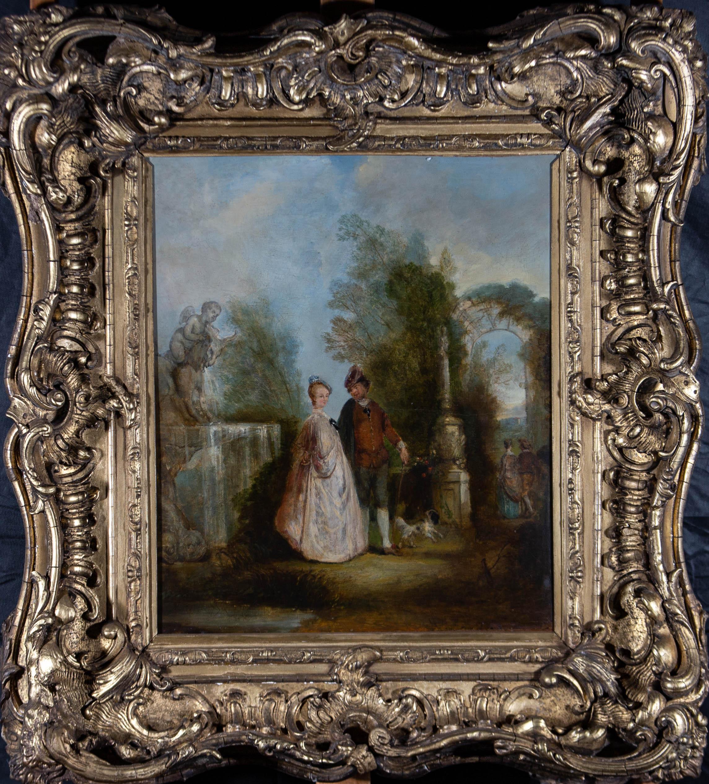 We are thrilled to have acquired this fine mid 19th Century oil, attributed to the genre scene painter Henry Adams (1794-1868). The scene shows an elegantly dressed couple, the woman in a flowing white dress and the man in britches and a rust