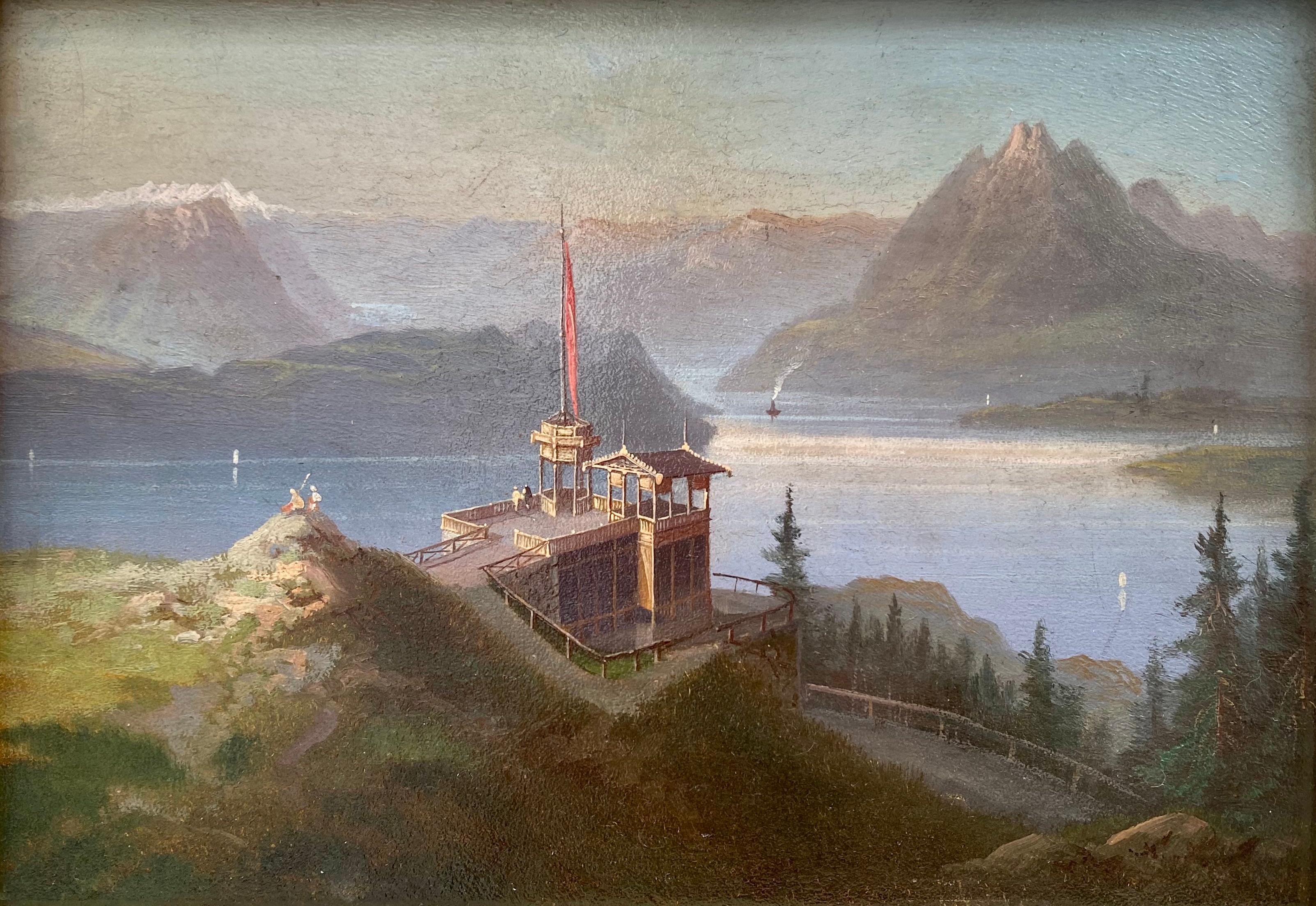 Armoire de collection lac Lucerne 19ème siècle Miniature montagne des Alpes suisses  - Naturalisme Painting par Attrib. Hubert Sattler