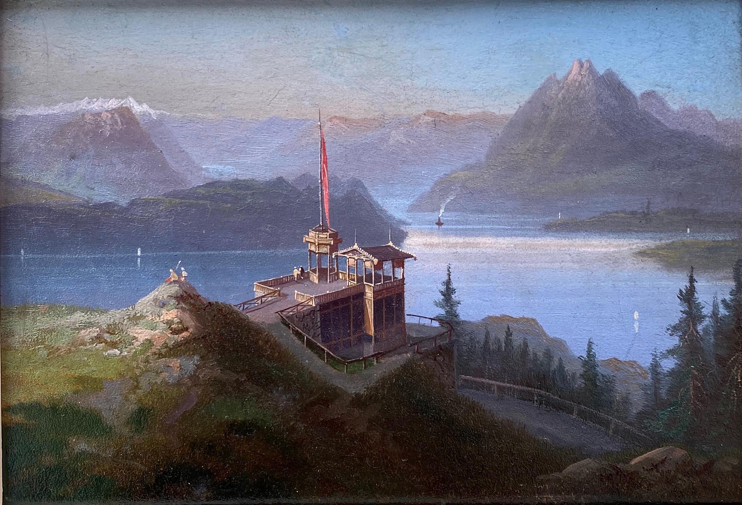 Armoire de collection lac Lucerne 19ème siècle Miniature montagne des Alpes suisses  - Painting de Attrib. Hubert Sattler
