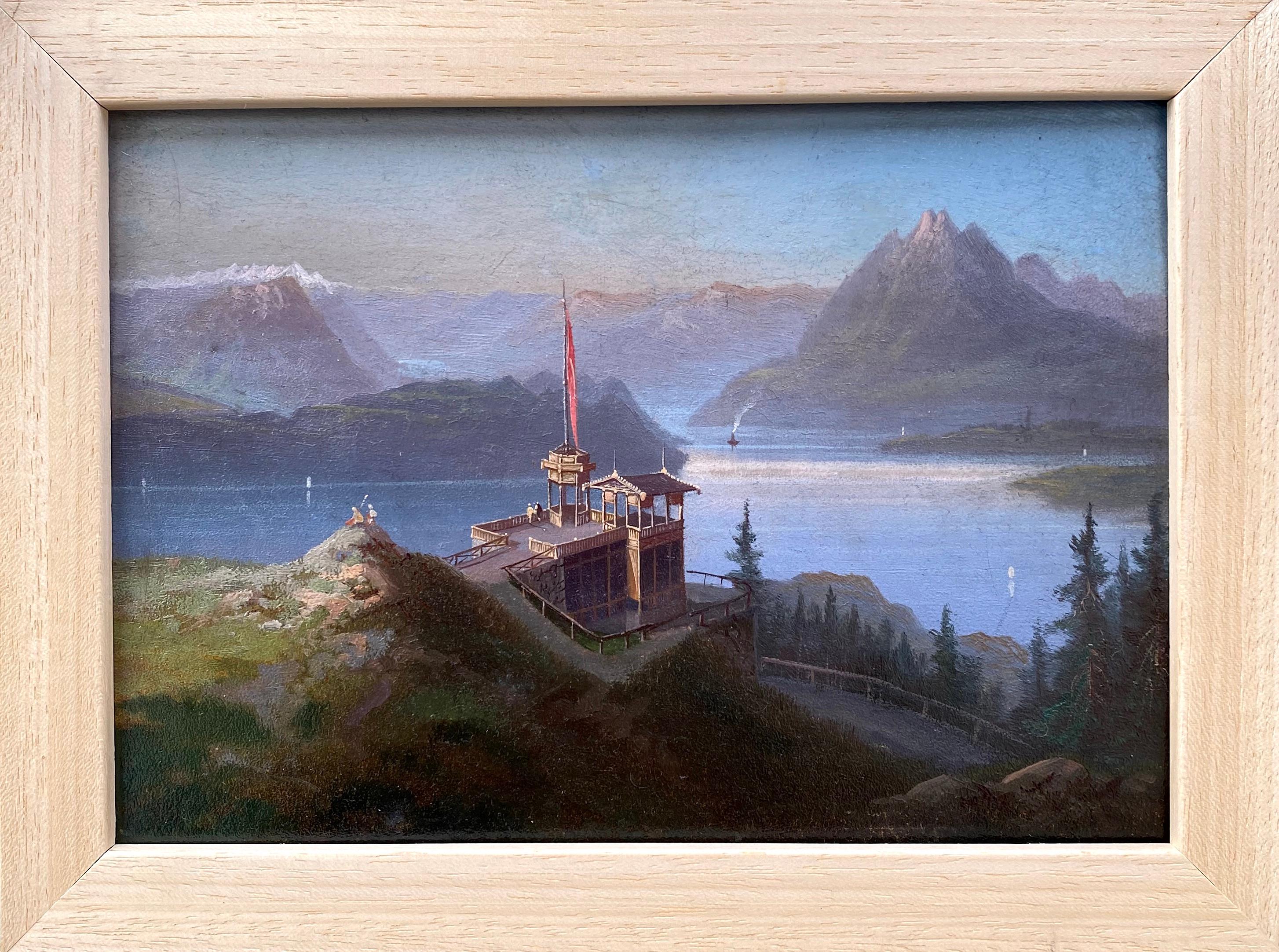 Attrib. Hubert Sattler Landscape Painting - Collectors Cabinet Lake Lucerne 19th Century Miniature Swiss Alps mountain 