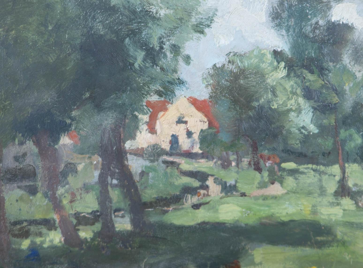 Impastoed oils render a quaint study of a countryside dwelling. The artwork is signed with the name 'J. P. Quinn' on the reverse of the board, but it is unclear if the artwork is his, as the original wove has been slightly cropped and laid to a